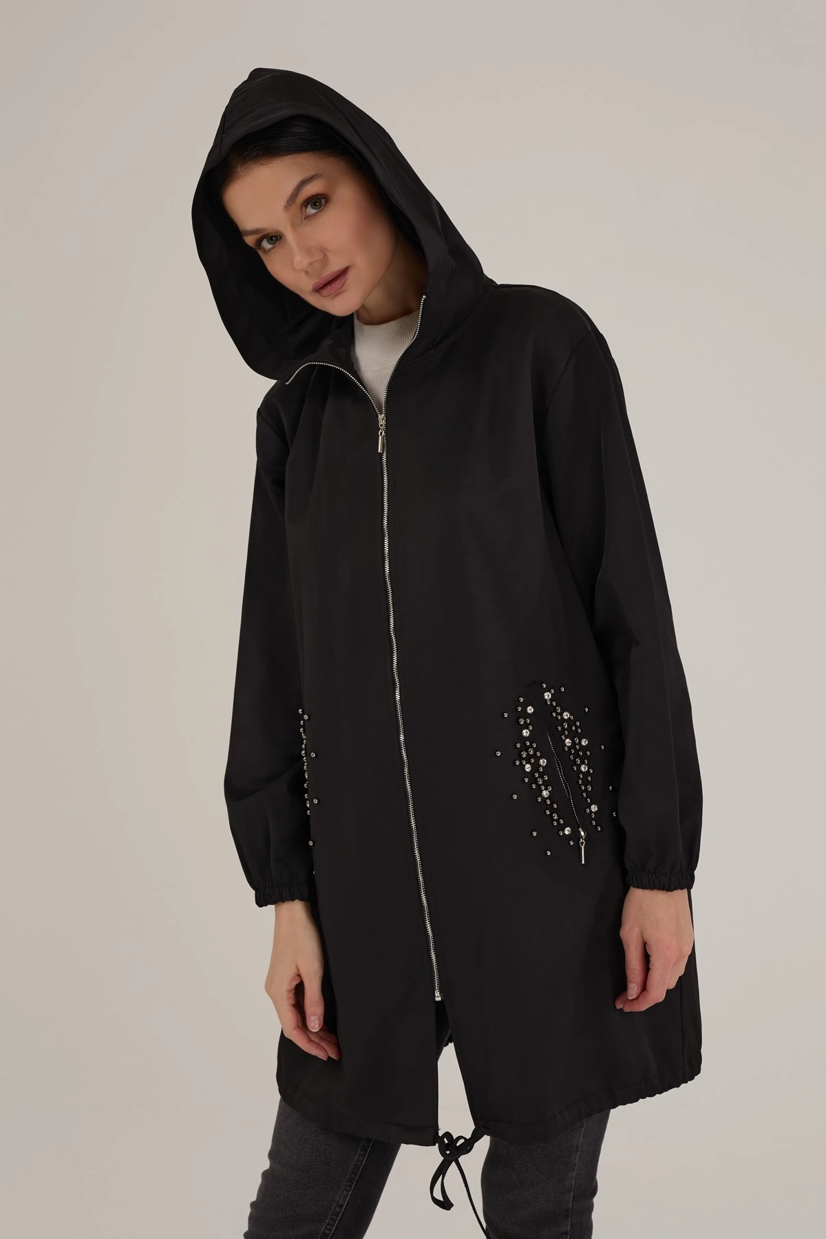Kadın Taş Detaylı Su İtici Yağmurluk Trençkot 9277