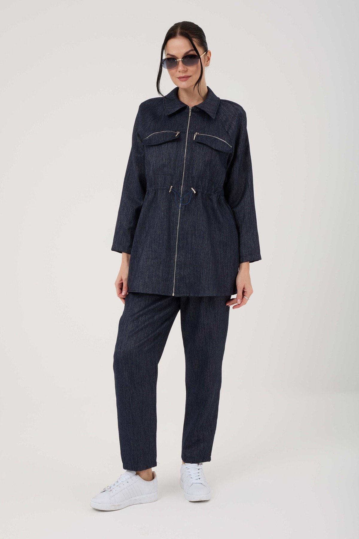 Kadın Fermuar Cep Detaylı Denim Takım 8580