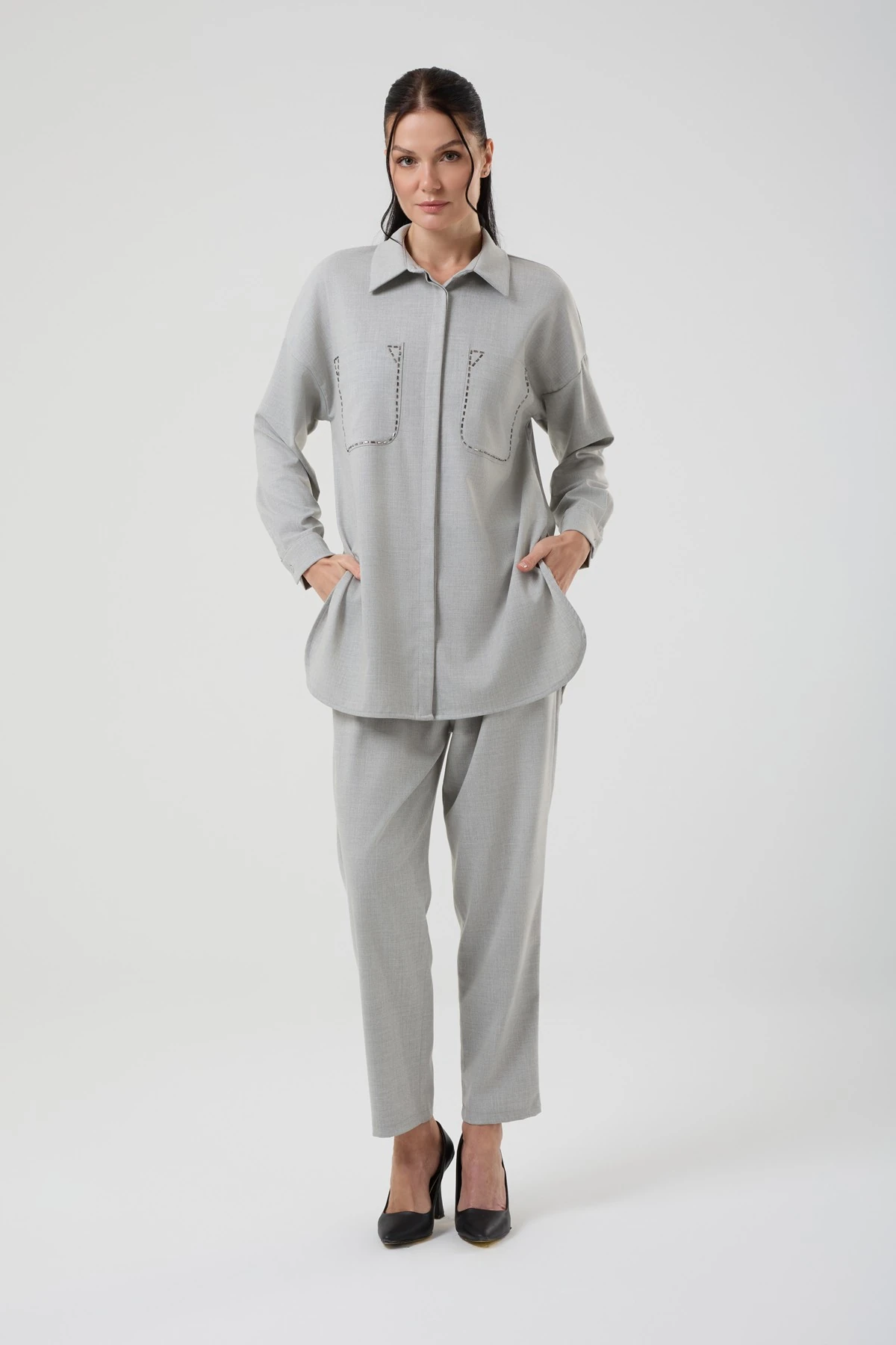 Kadın Cepli Taş Detaylı İkili Takım 8583