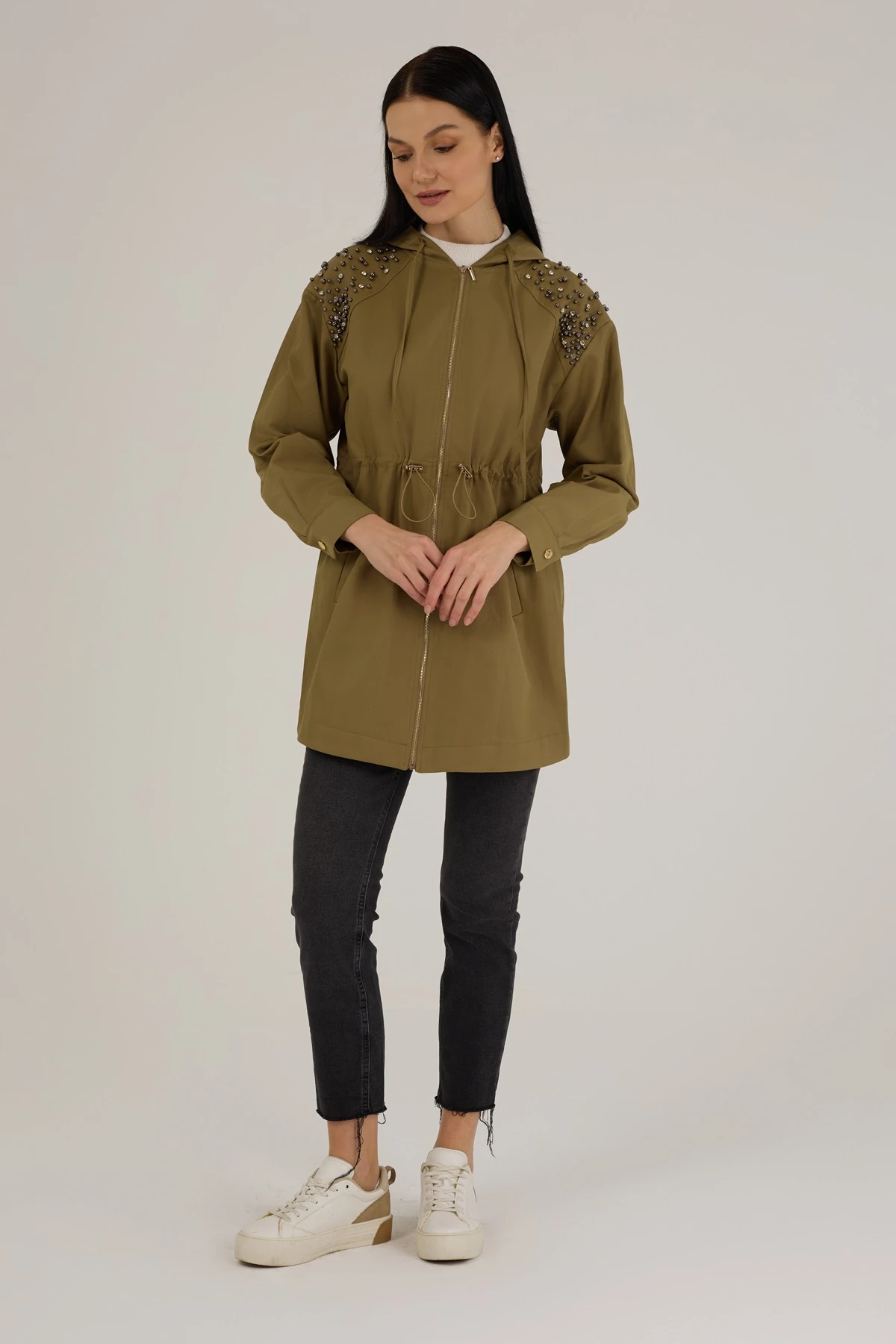 Kadın Taş Detaylı Su İtici Yağmurluk Trençkot 9278