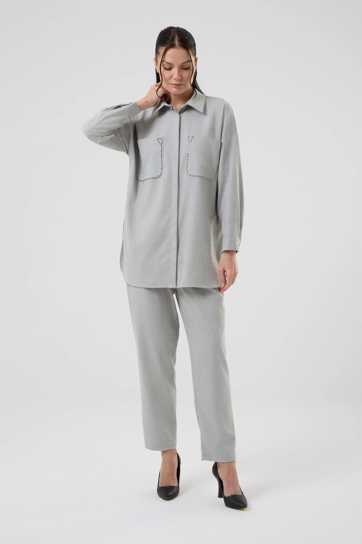 Kadın Cepli Taş Detaylı İkili Takım 8583