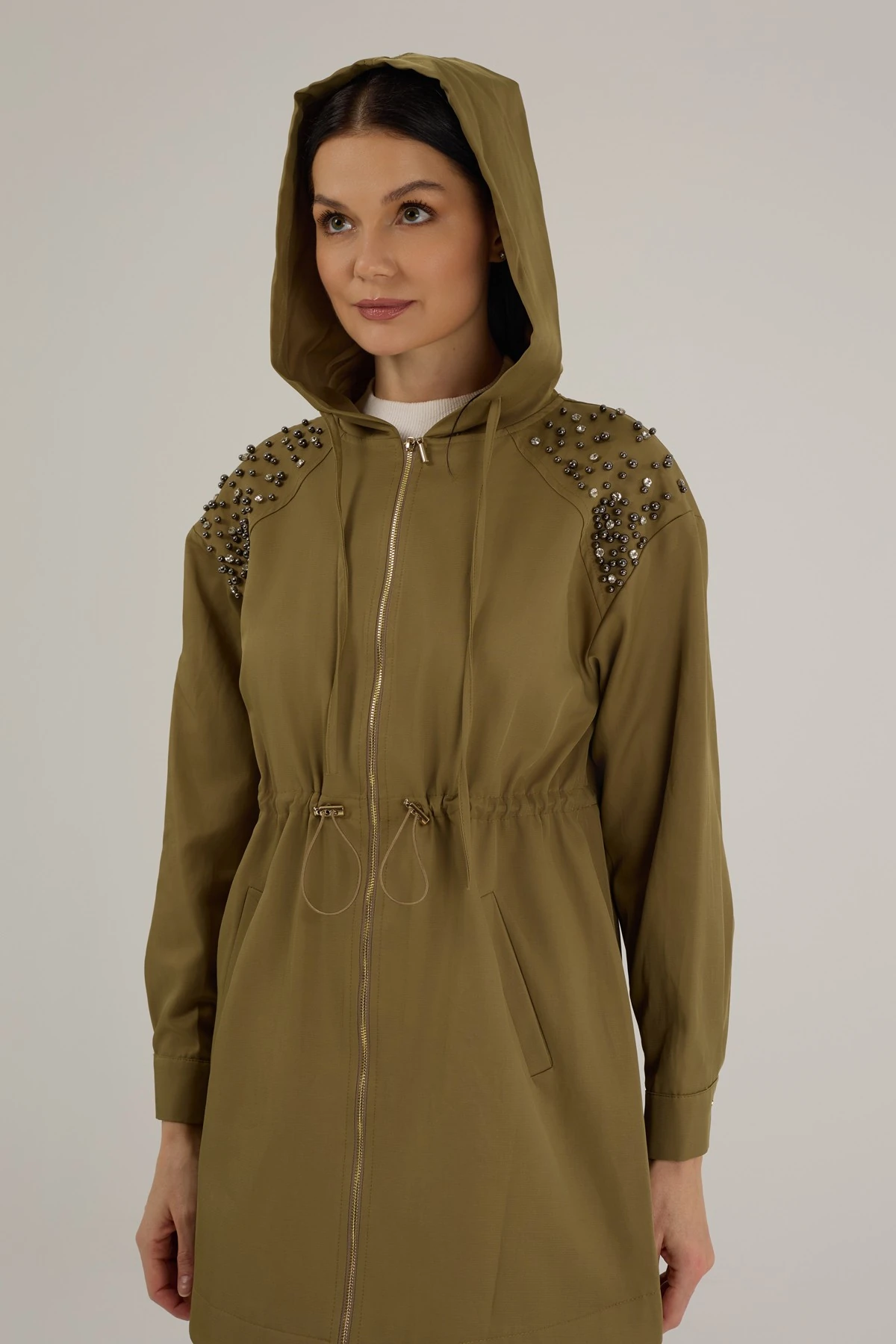 Kadın Taş Detaylı Su İtici Yağmurluk Trençkot 9278