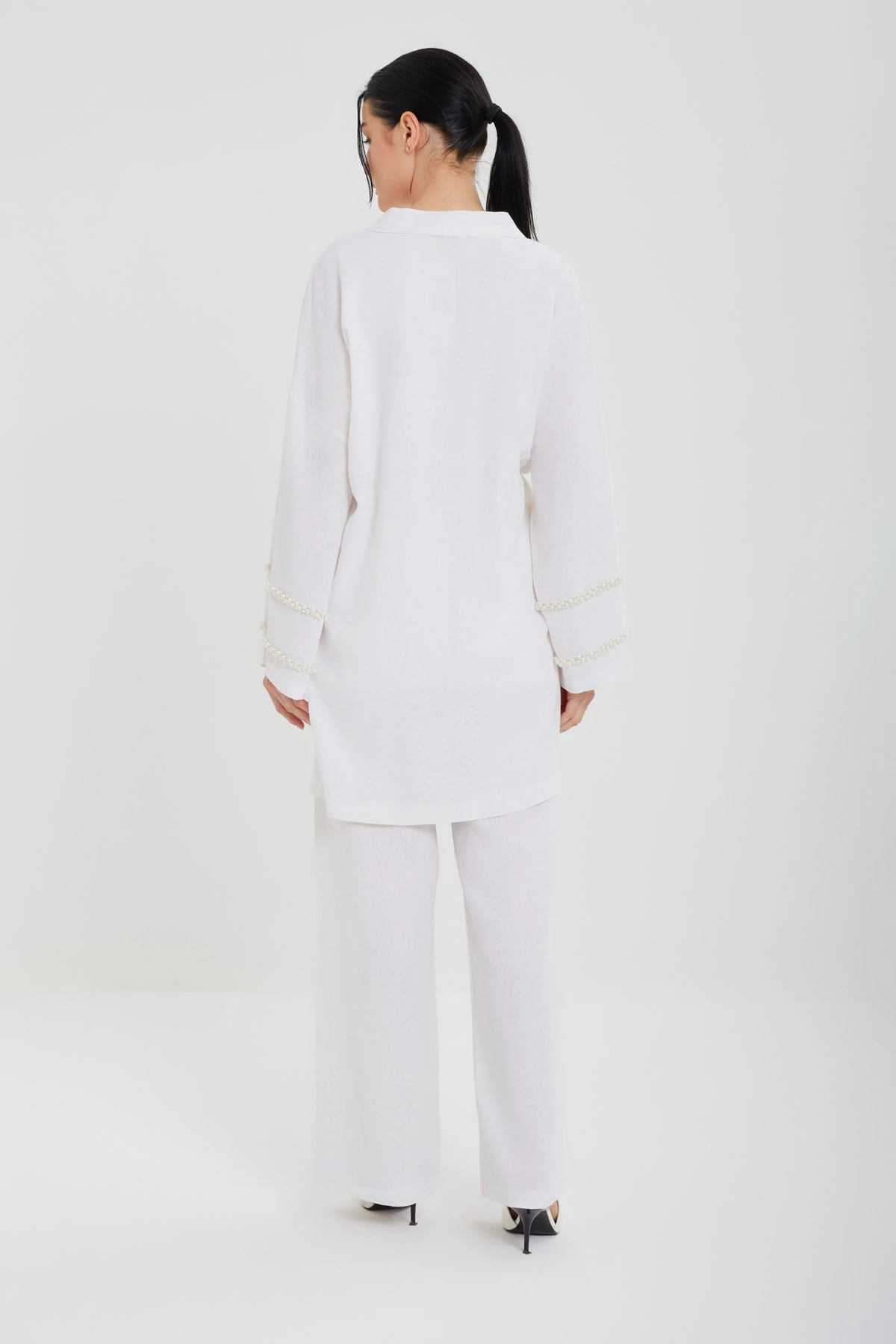 Taş İşlemeli Keten Üçlü Takım 8545