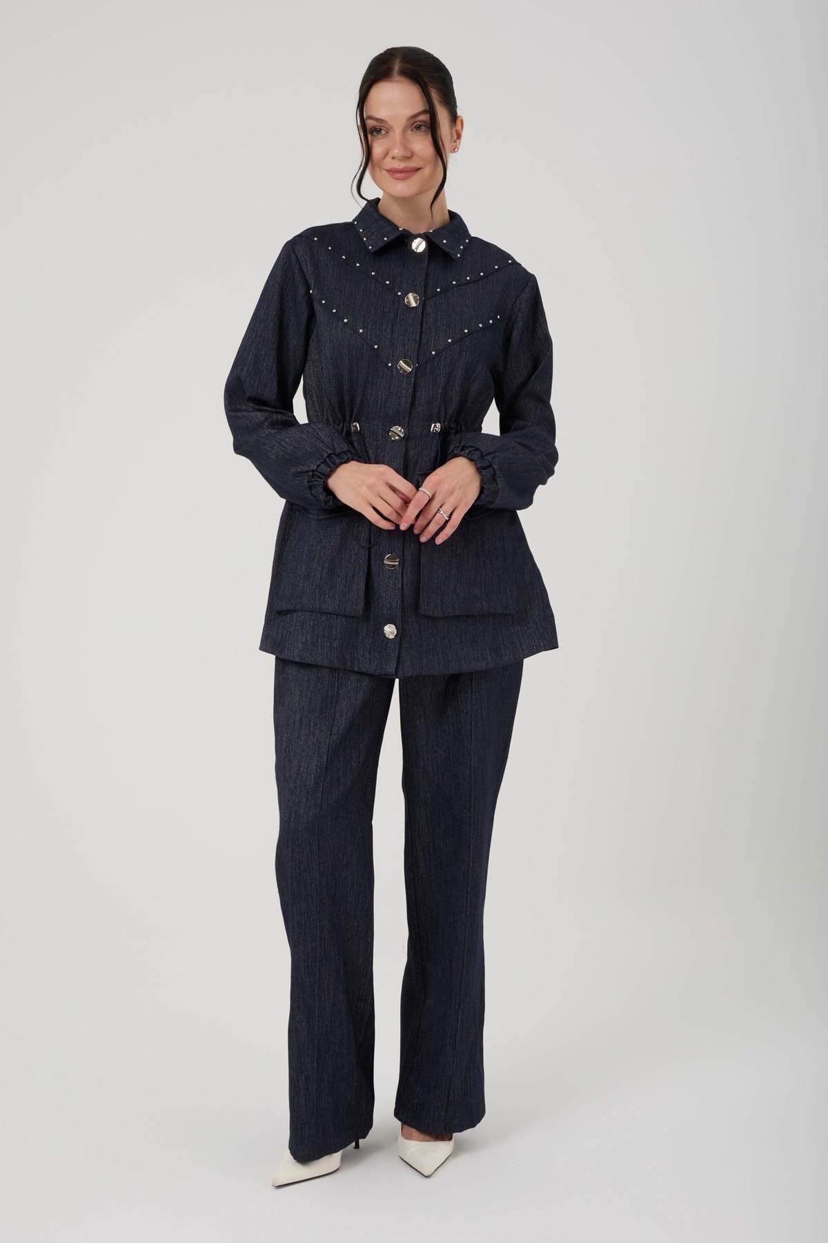 Kadın Zımba Detaylı Işıltılı Denim Takım 8571