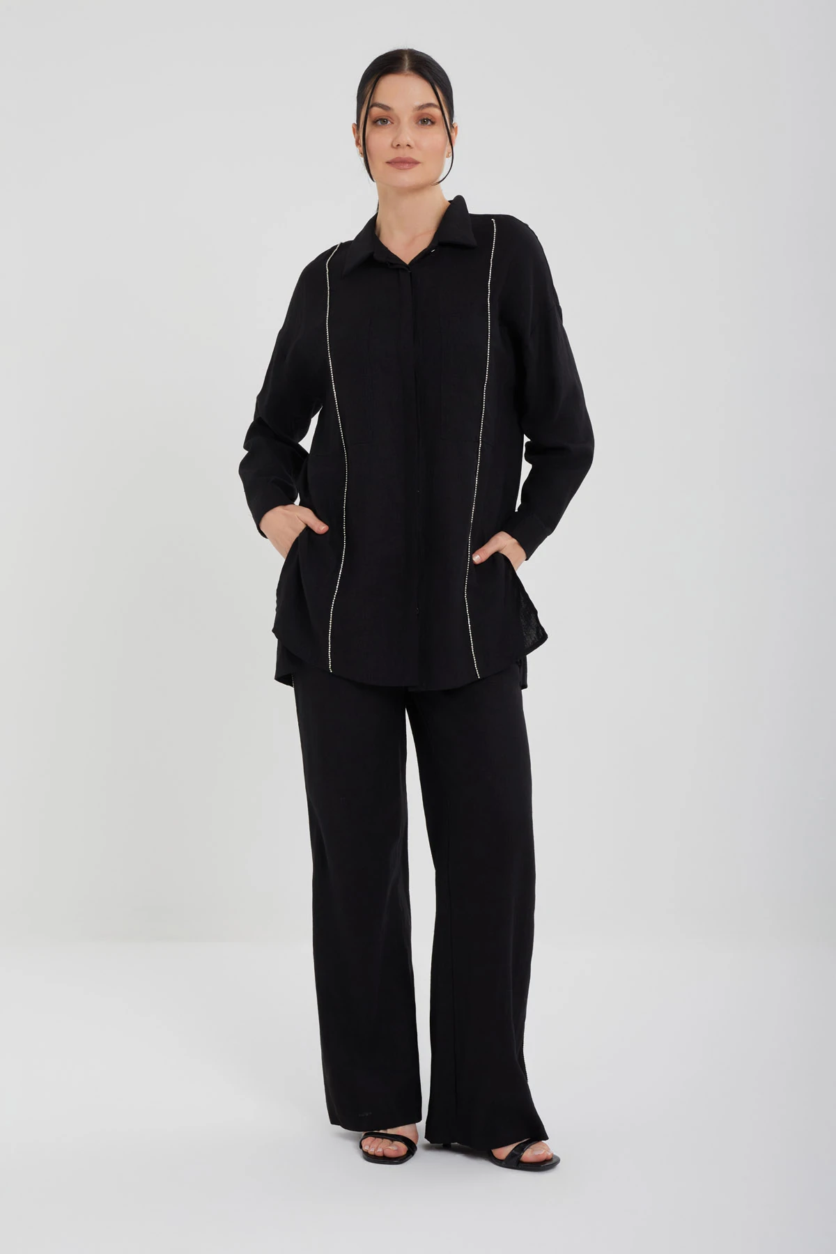 Kadın taş şeritli keten takım 8539