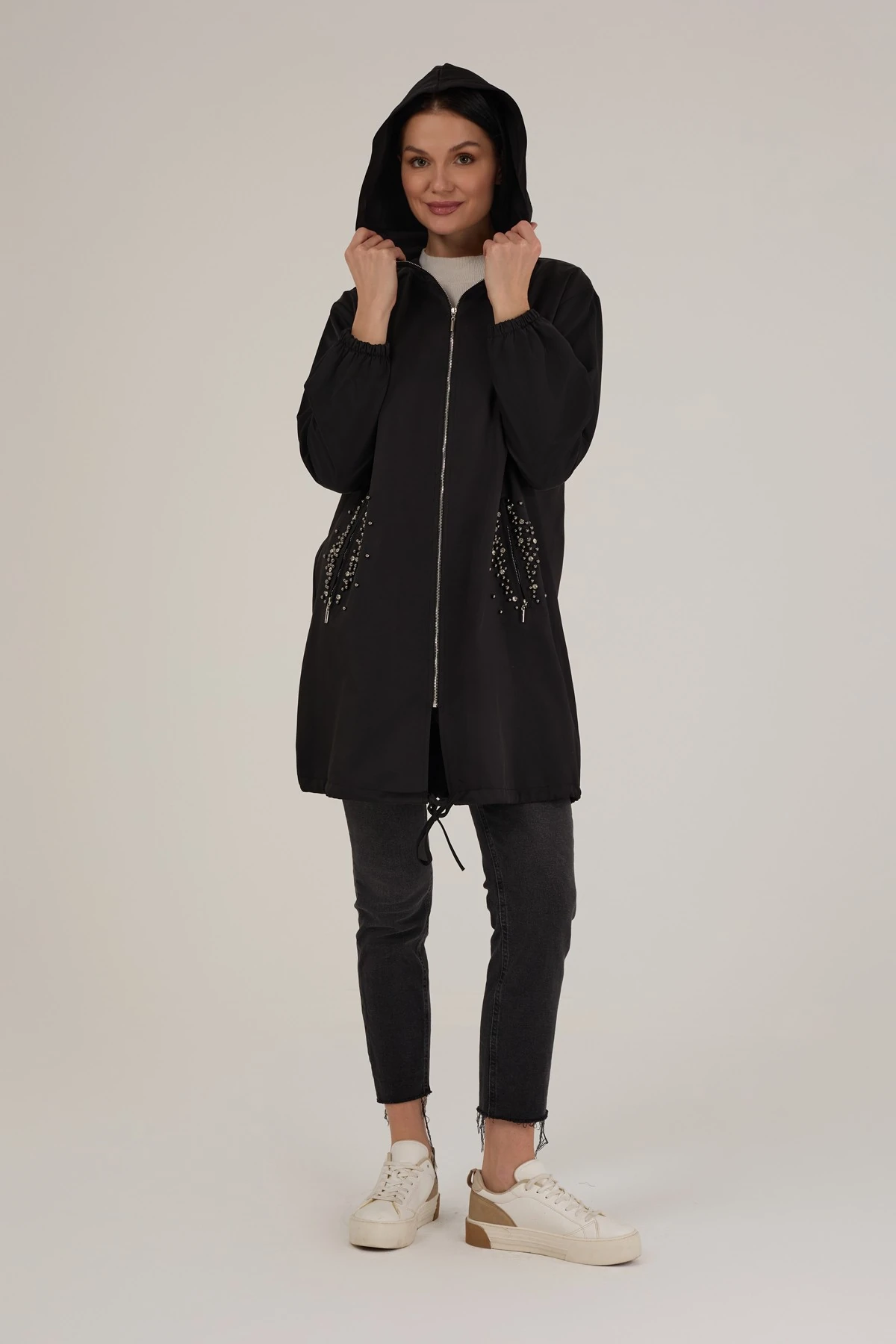 Kadın Taş Detaylı Su İtici Yağmurluk Trençkot 9277