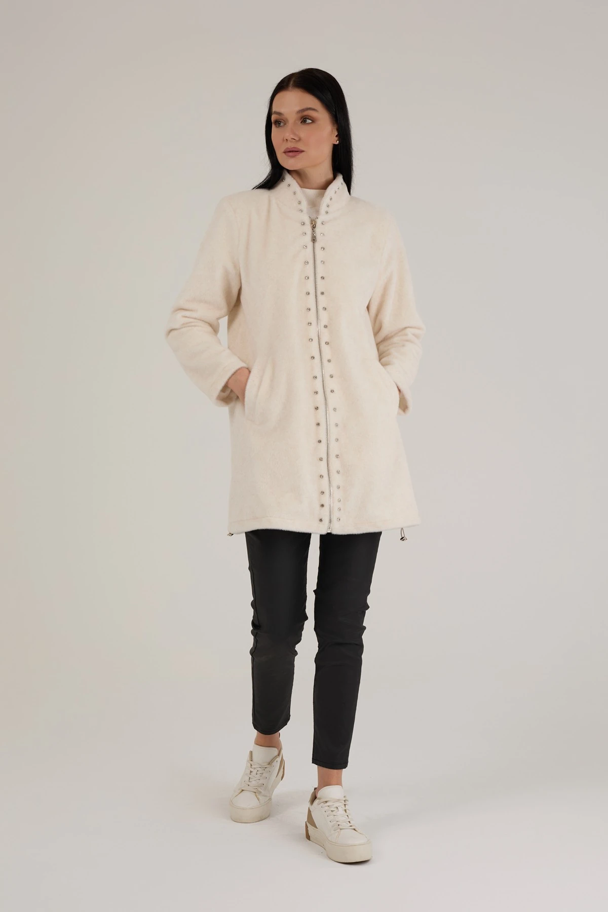 Kadın Taş Detaylı Fermuarlı Kaşe Kürk 9274