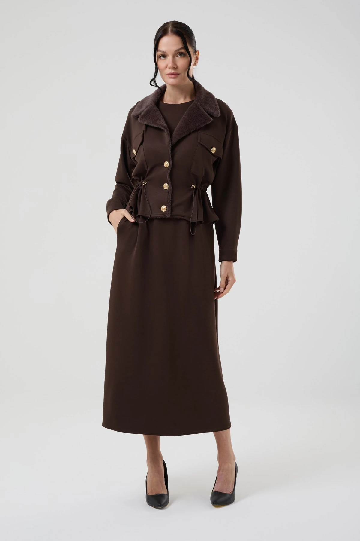 Kadın Kürk Detaylı Ceketli Modal İkili Elbise 7262