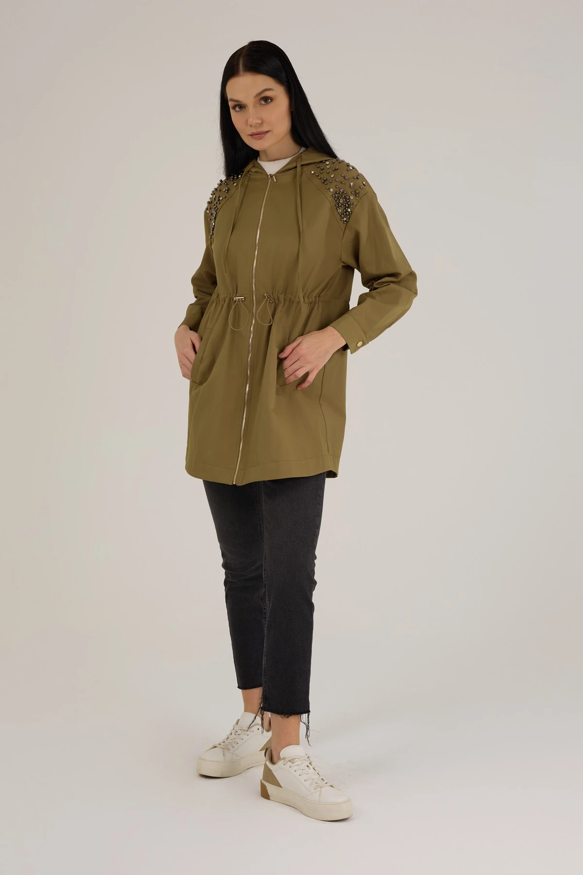 Kadın Taş Detaylı Su İtici Yağmurluk Trençkot 9278