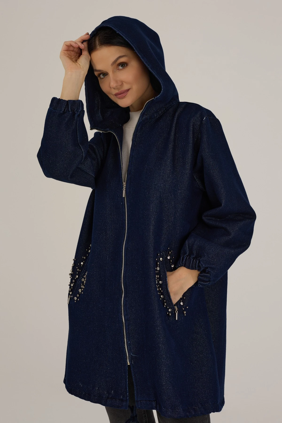 Kadın Kendinden Simli Taş Detaylı Denim Kap 9276