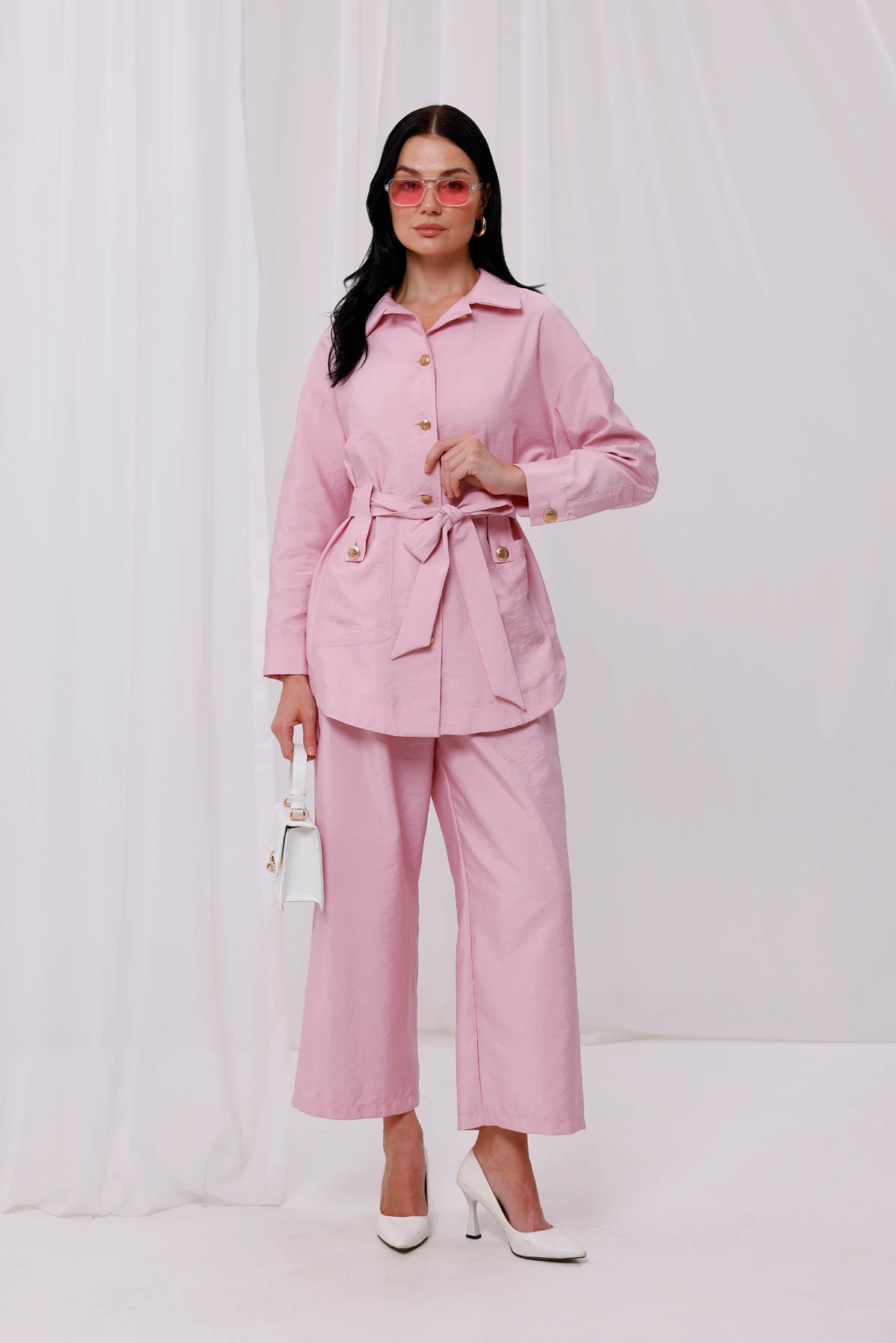 Kadın Modal Kumaş Gold Düğme Detaylı Kuşaklı Kap 9259