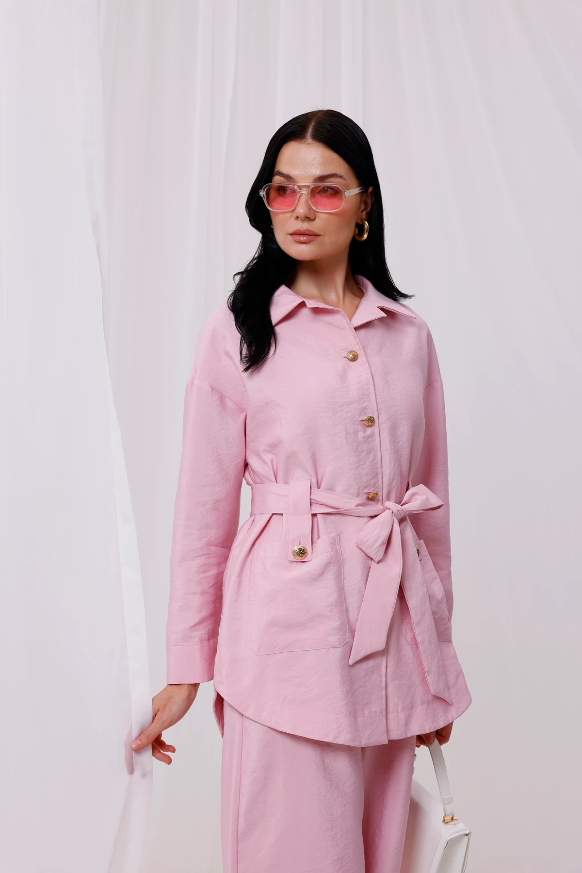 Kadın Modal Kumaş Gold Düğme Detaylı Kuşaklı Kap 9259