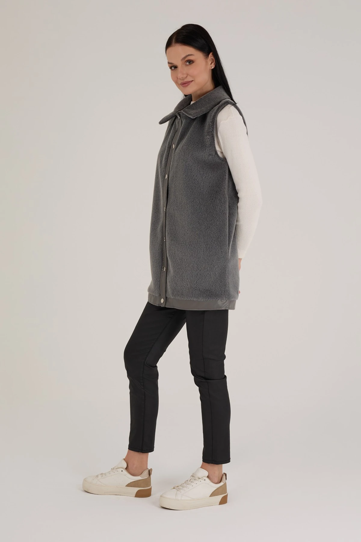 Kadın Deri Detaylı Astarlı Kürk Yelek 9280