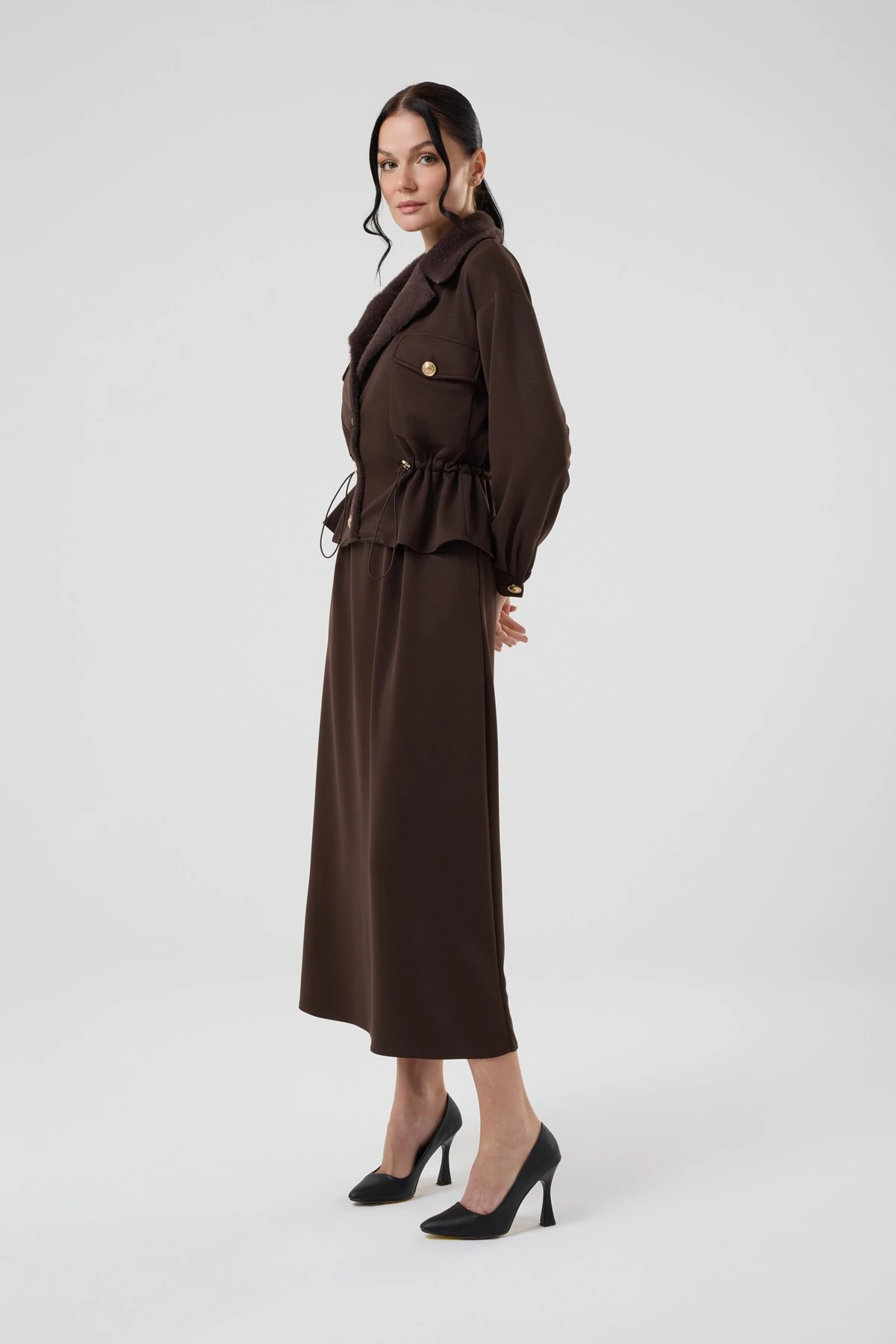 Kadın Kürk Detaylı Ceketli Modal İkili Elbise 7262