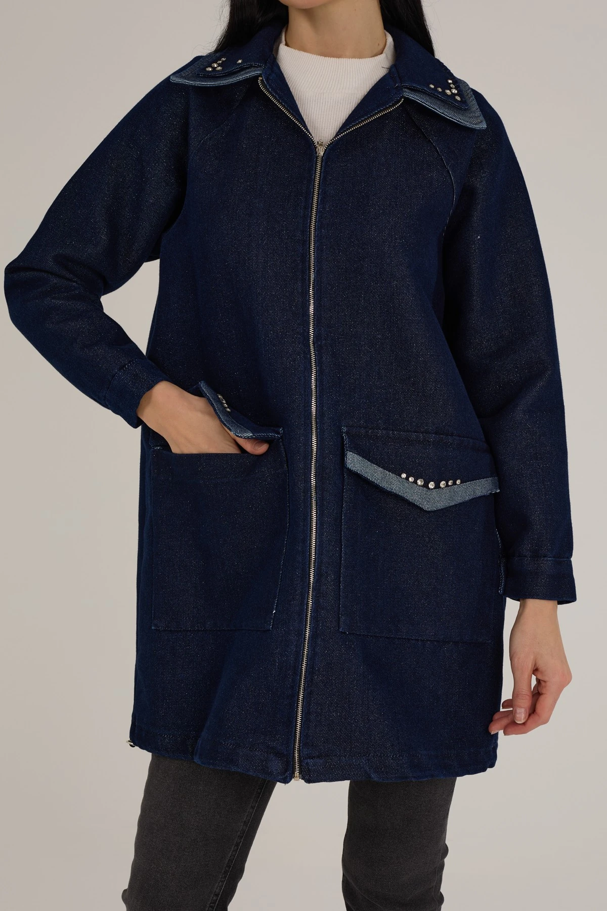 Kadın Kendinden Simli Taş Detaylı Denim Kap 9275