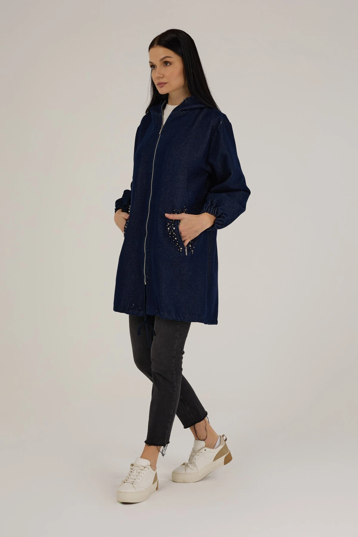 Kadın Kendinden Simli Taş Detaylı Denim Kap 9276