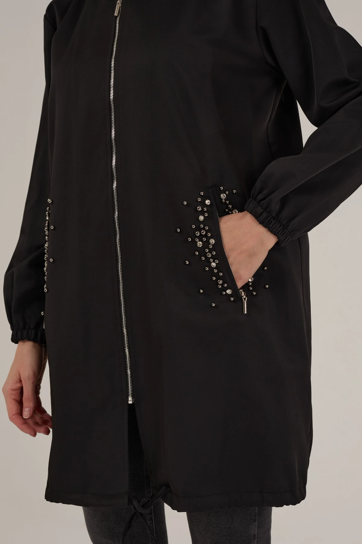 Kadın Taş Detaylı Su İtici Yağmurluk Trençkot 9277