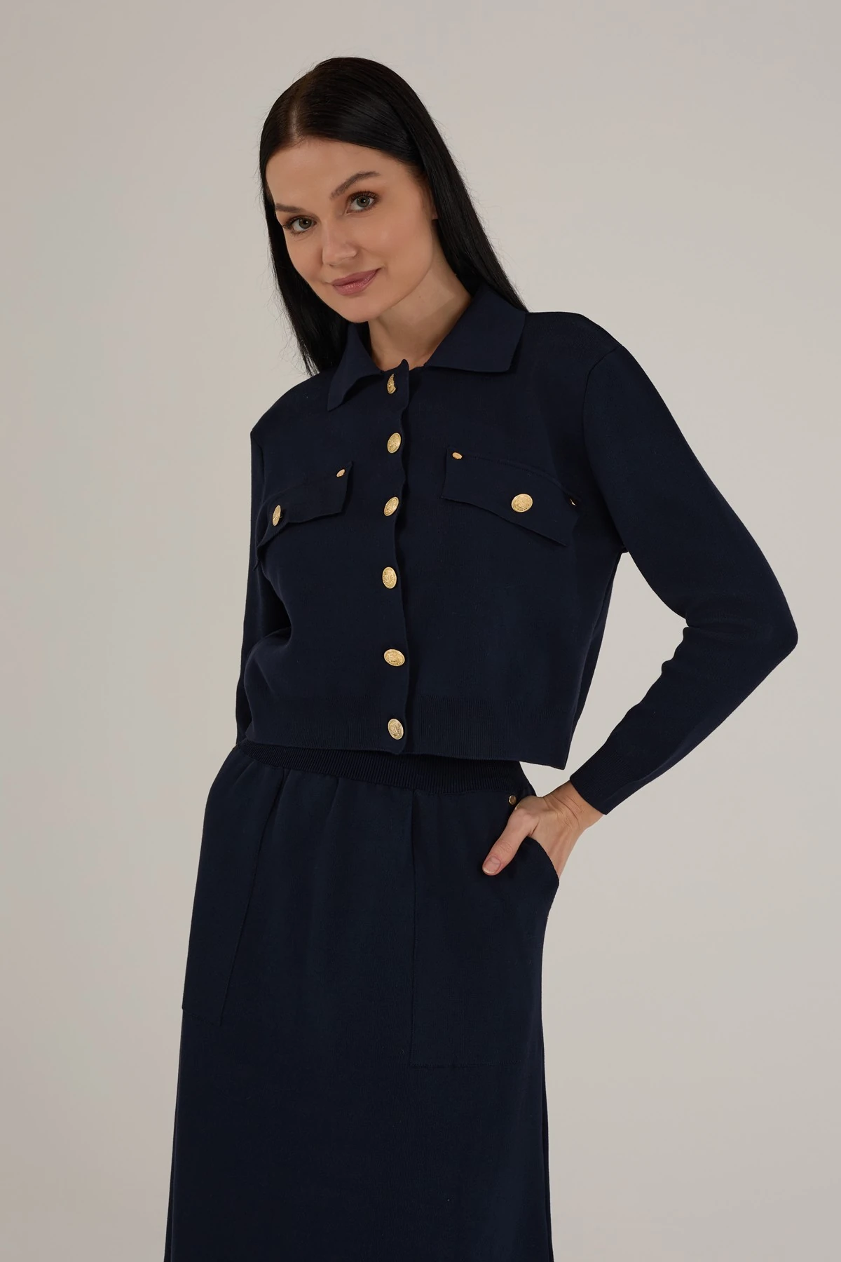 Kadın Gemici Düğme Detaylı Triko Etekli Takım 1404