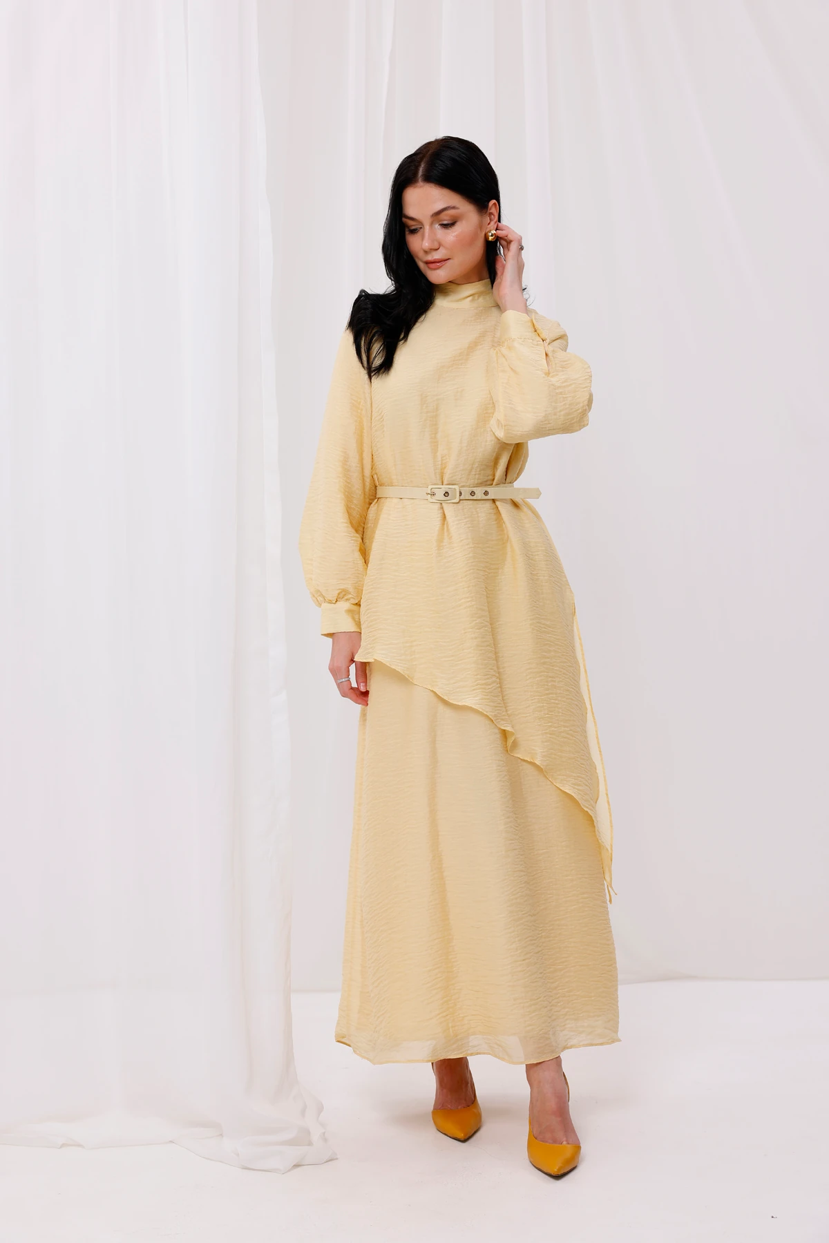 Kadın Kemer Detaylı Asimetrik kesim Tensel İpek Elbise 7258