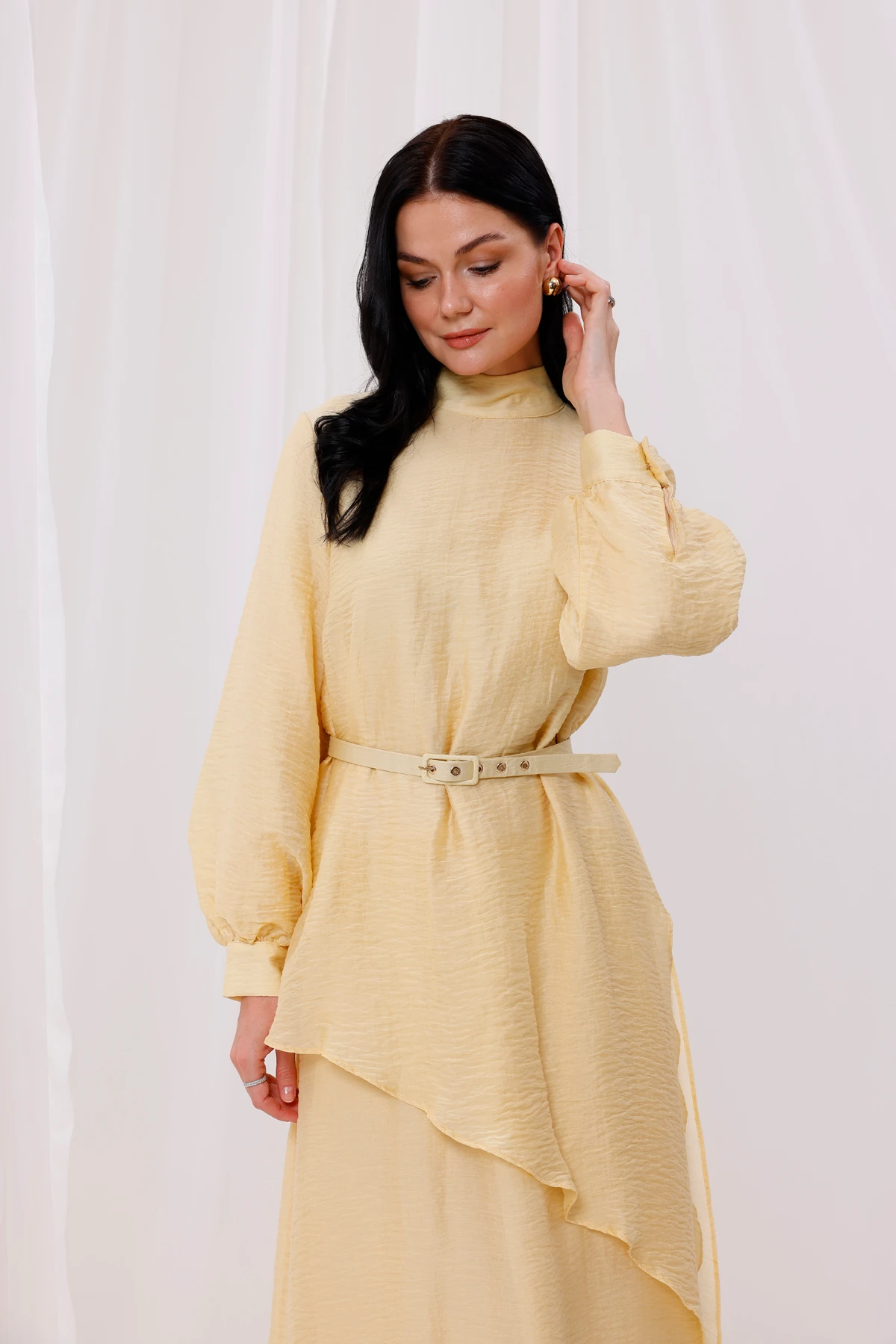 Kadın Kemer Detaylı Asimetrik kesim Tensel İpek Elbise 7258