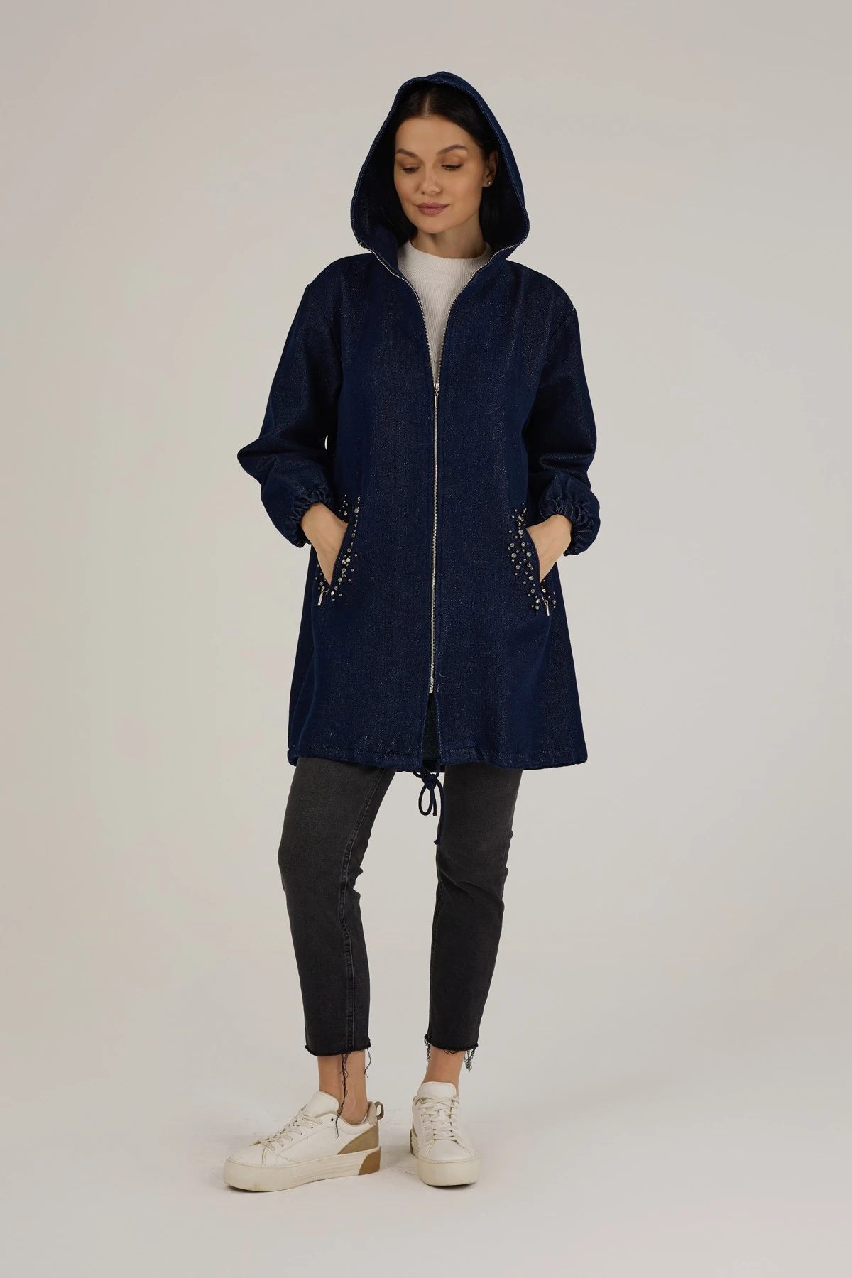 Kadın Kendinden Simli Taş Detaylı Denim Kap 9276