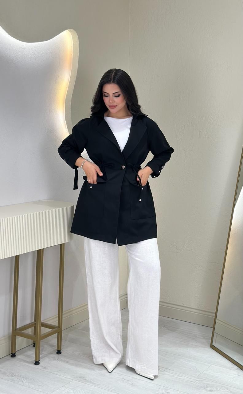 Ayarlanabilir Lastik Detaylı Keten Ceket