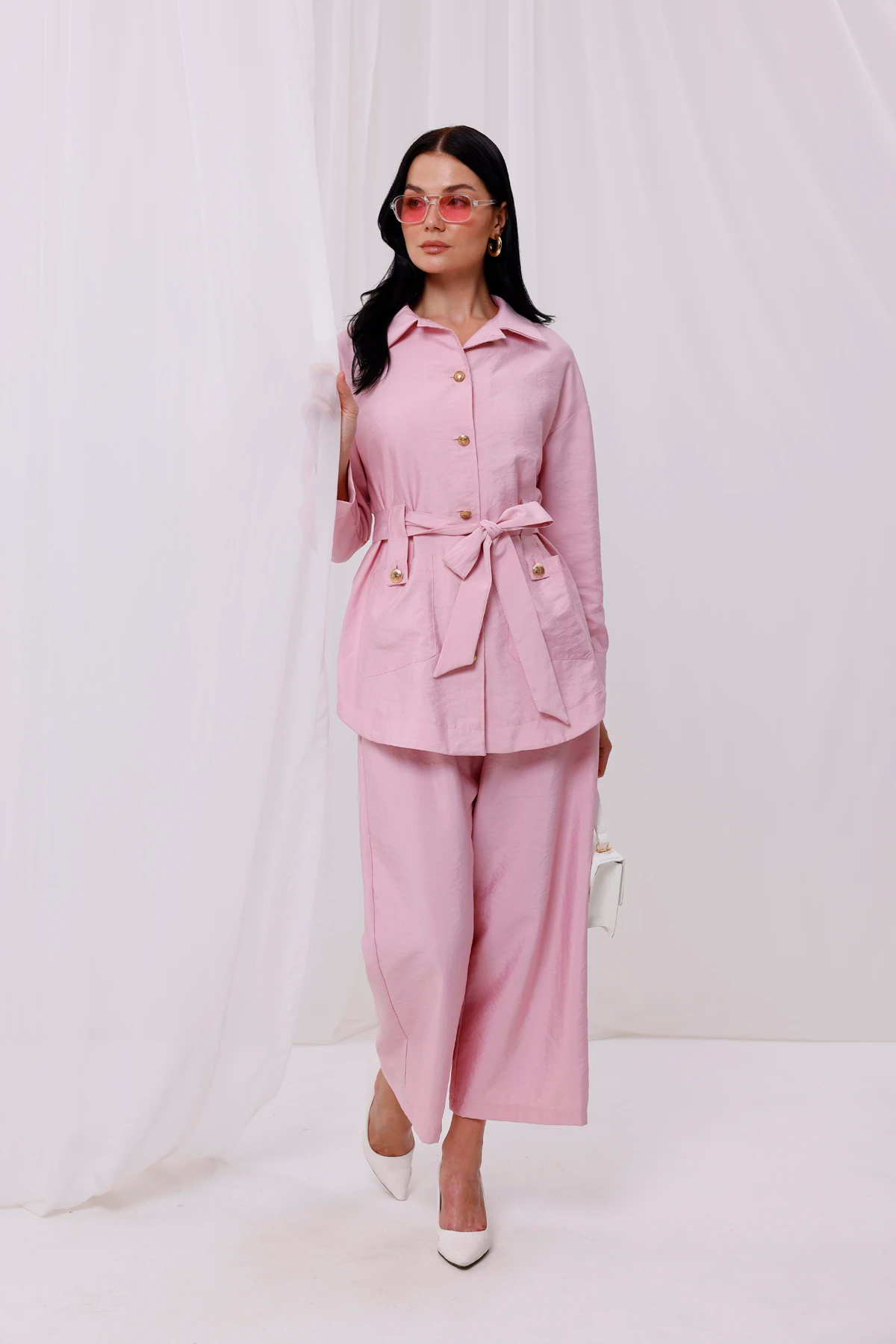 Kadın Modal Kumaş Gold Düğme Detaylı Kuşaklı Kap 9259