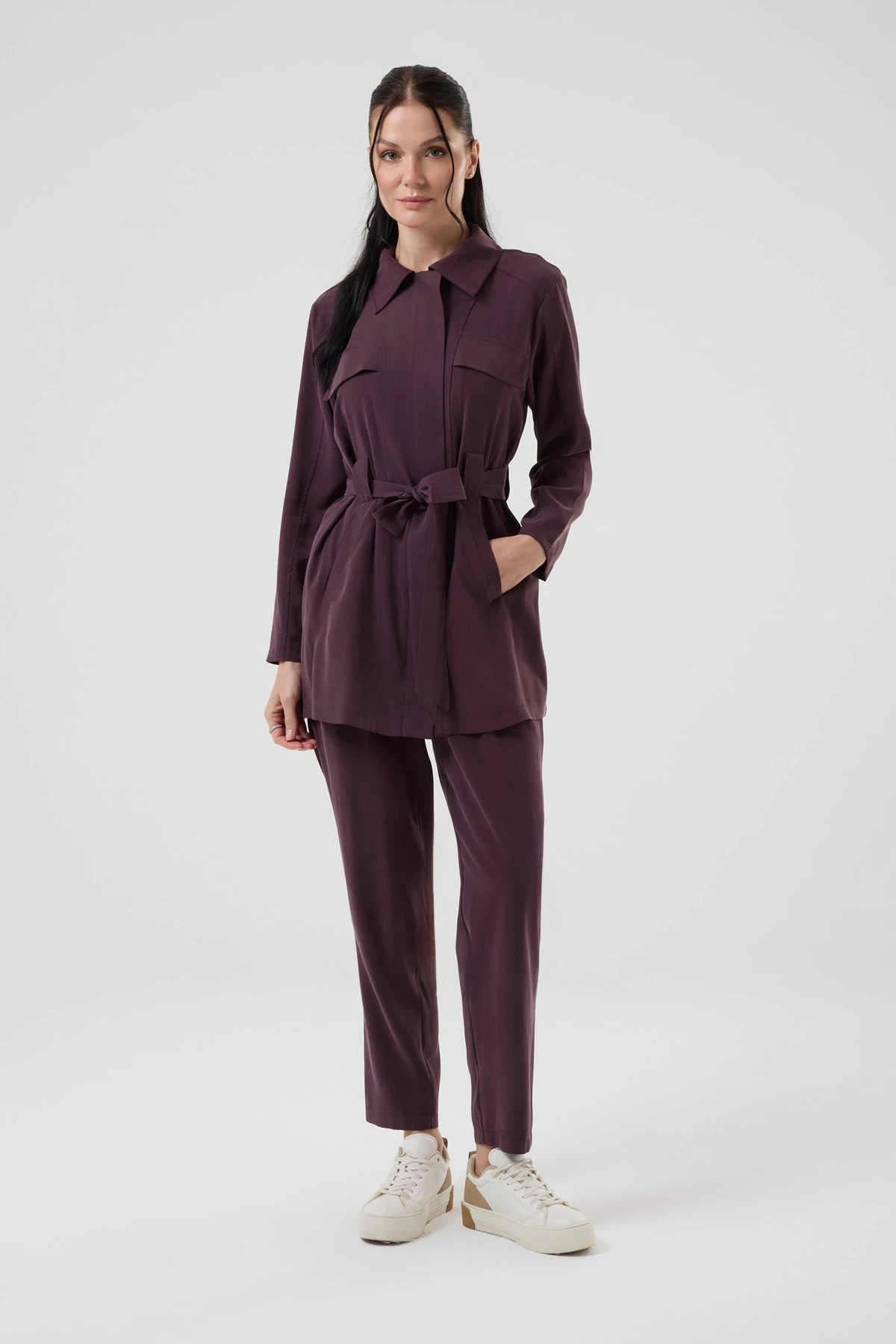 Kadın Cep Detaylı Kuşaklı Pamuk Kupra İkili Takım 8585