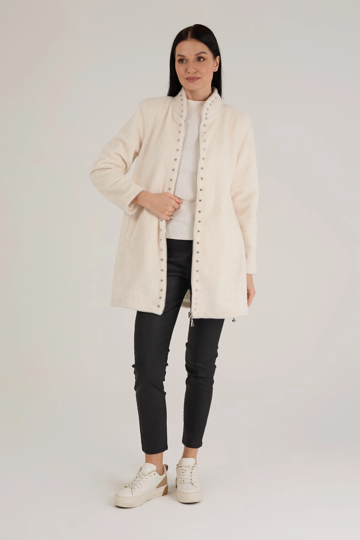 Kadın Taş Detaylı Fermuarlı Kaşe Kürk 9274