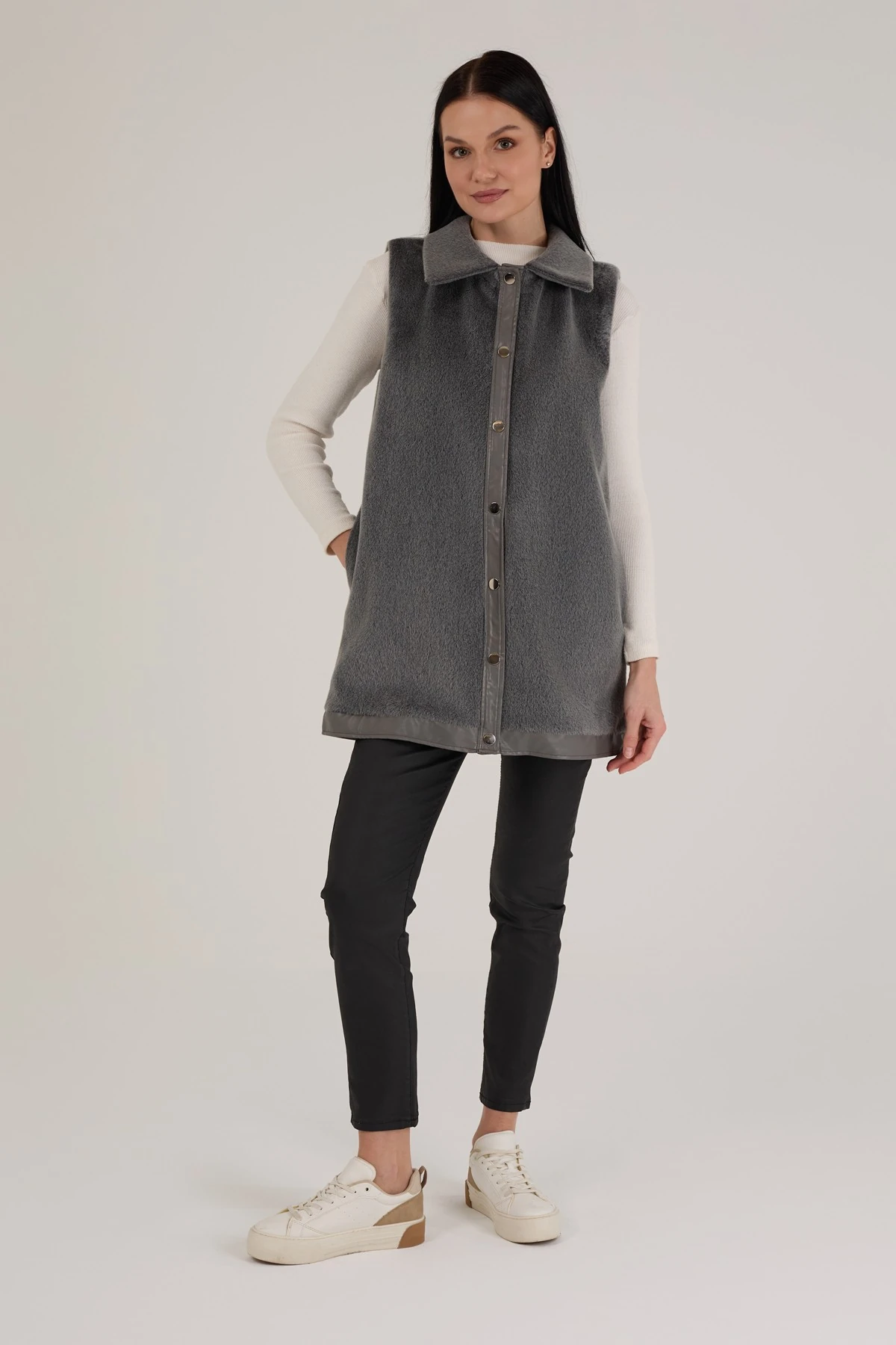 Kadın Deri Detaylı Astarlı Kürk Yelek 9280