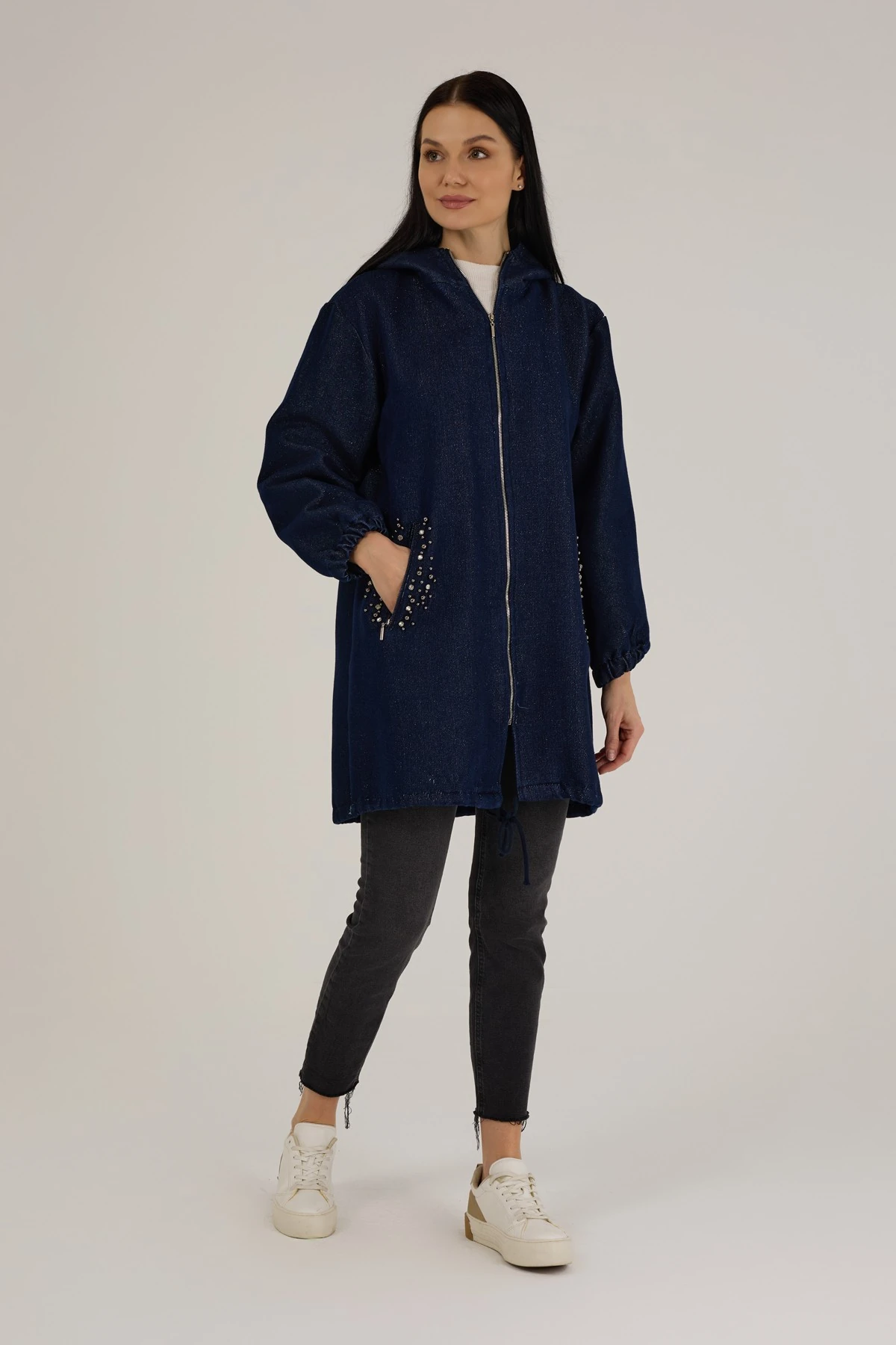 Kadın Kendinden Simli Taş Detaylı Denim Kap 9276