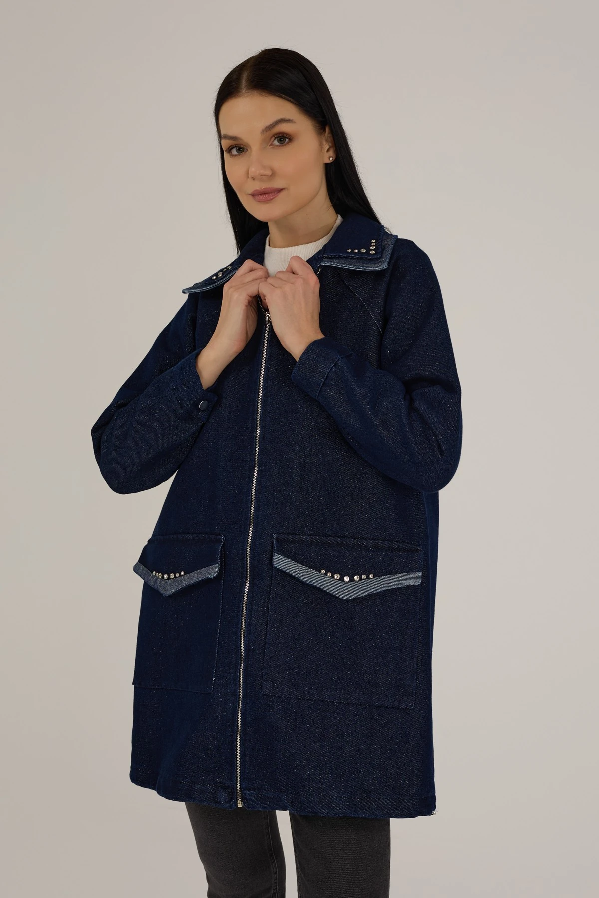 Kadın Kendinden Simli Taş Detaylı Denim Kap 9275