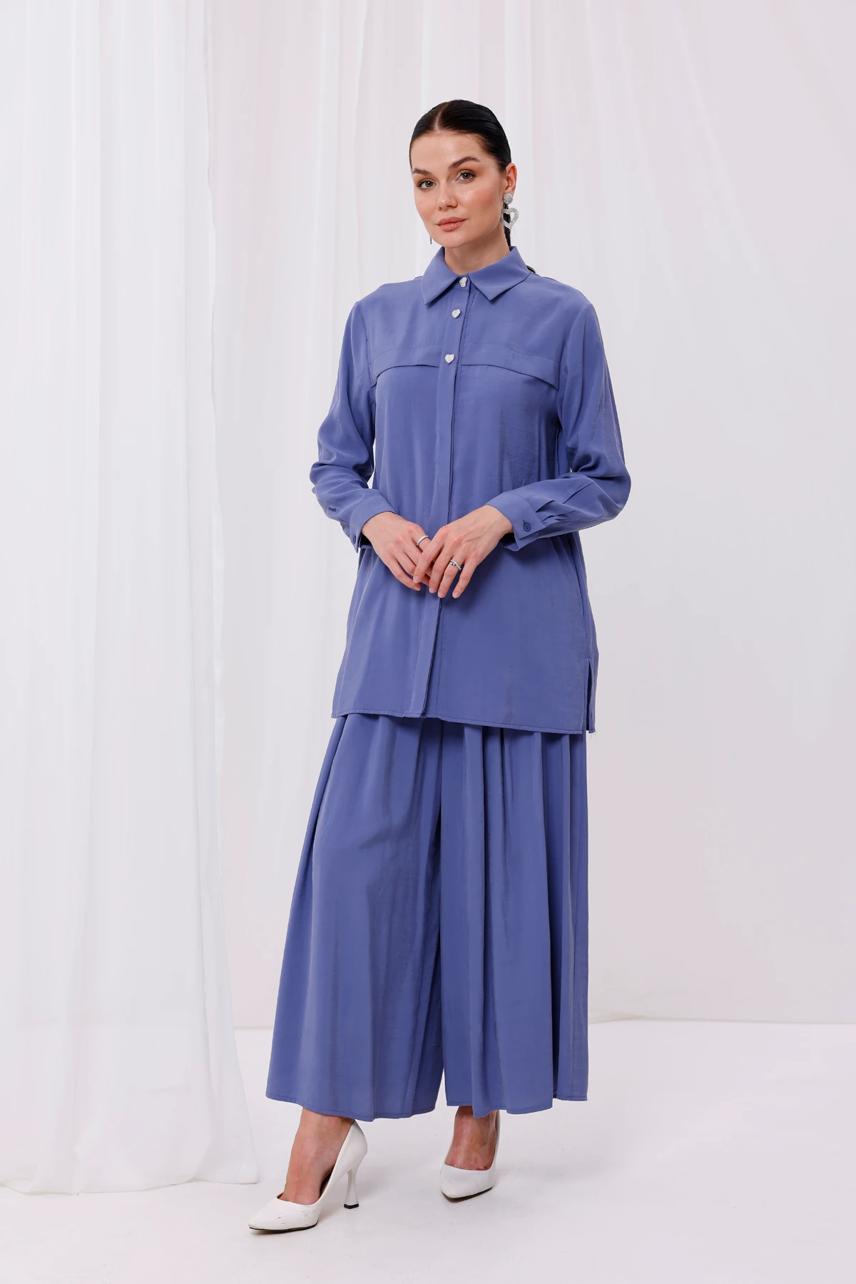 Kadın Şık Modal Kumaş Kalp Düğme Detaylı Bluz 4162