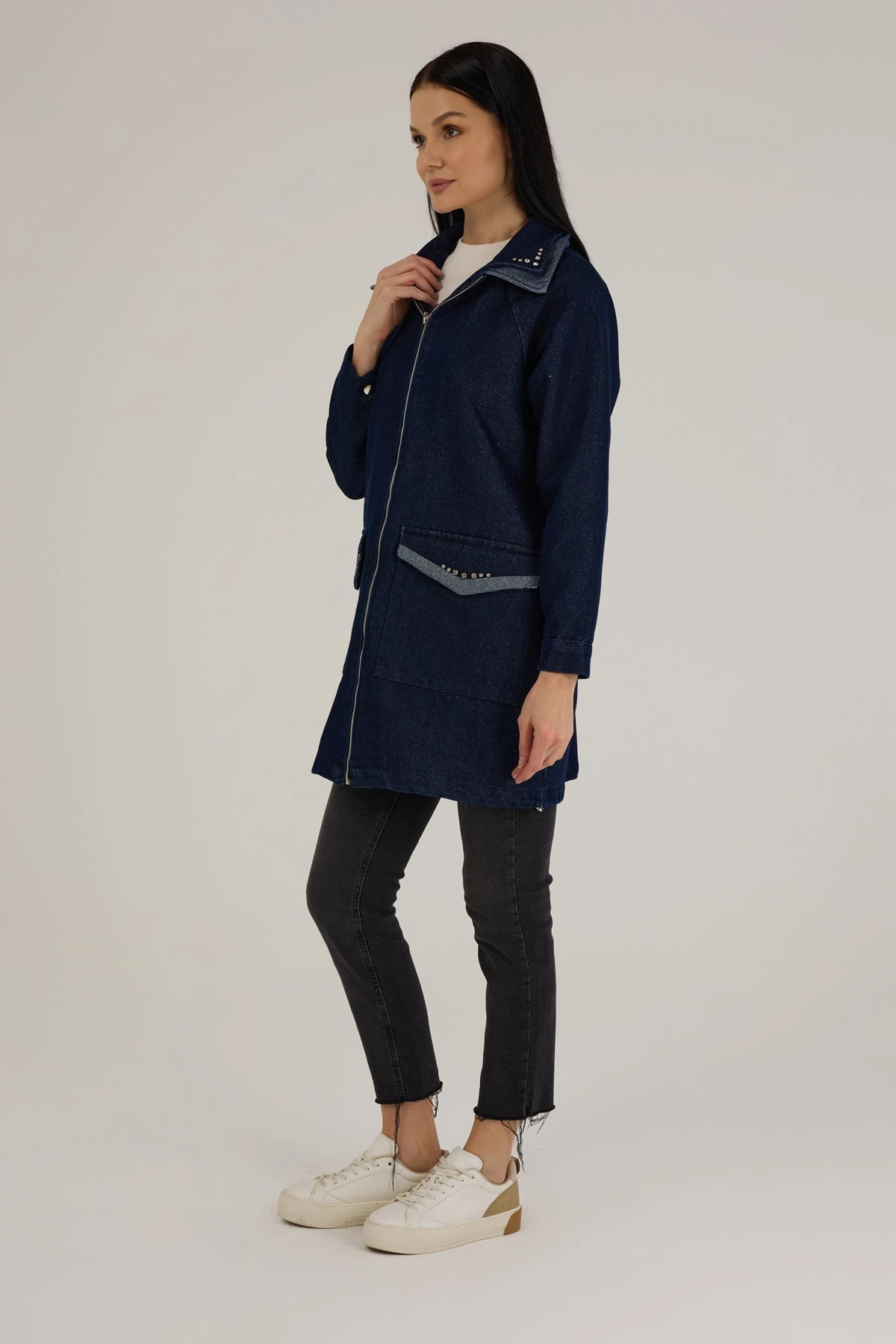 Kadın Kendinden Simli Taş Detaylı Denim Kap 9275