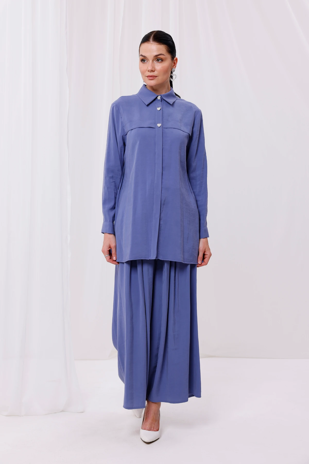 Kadın Şık Modal Kumaş Kalp Düğme Detaylı Bluz 4162