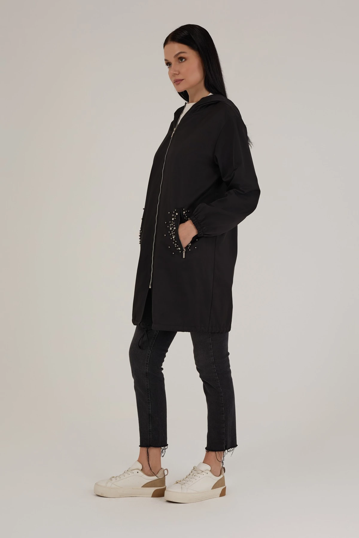 Kadın Taş Detaylı Su İtici Yağmurluk Trençkot 9277