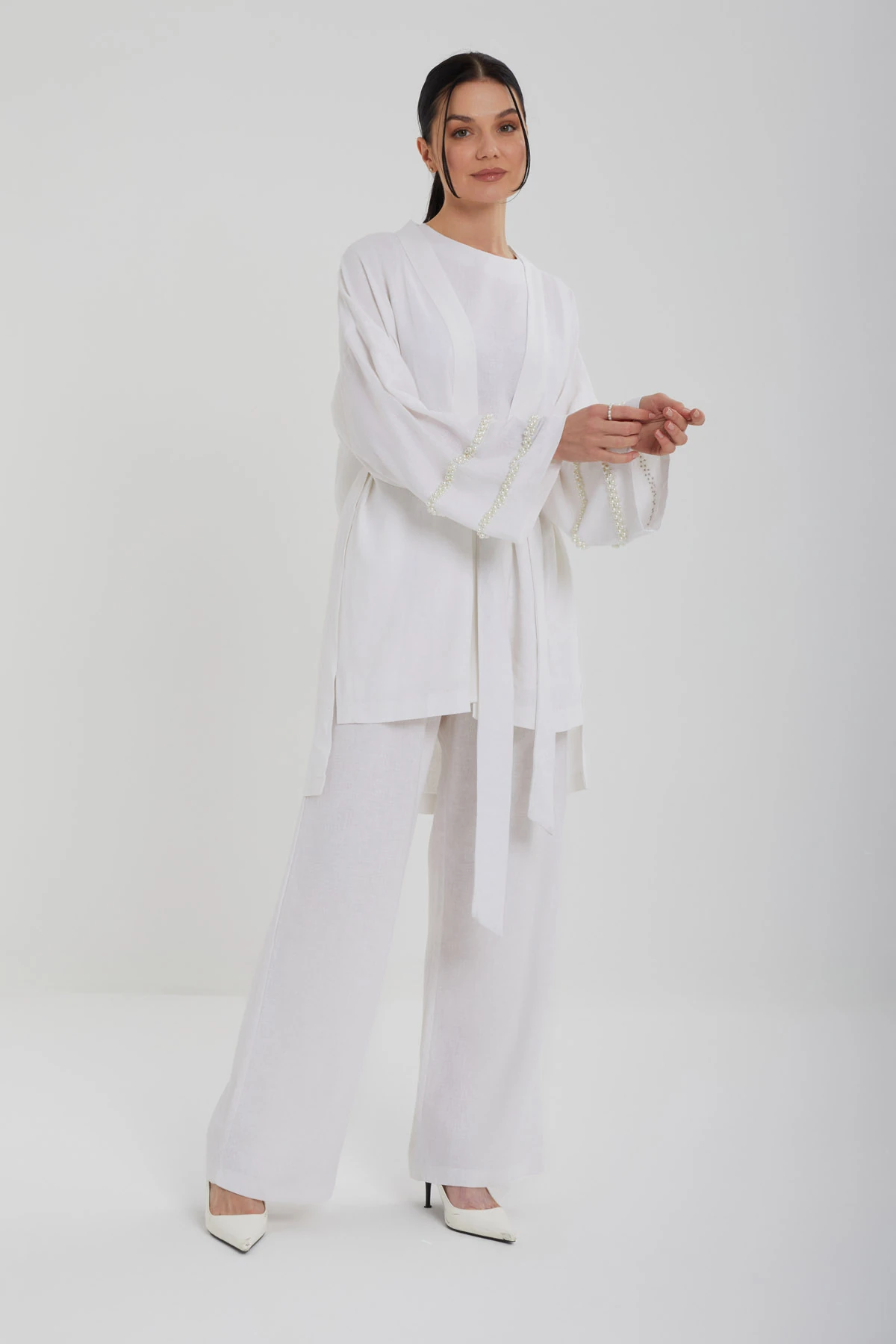 Taş İşlemeli Keten Üçlü Takım 8545