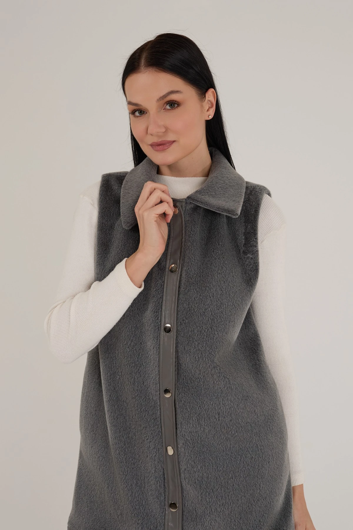 Kadın Deri Detaylı Astarlı Kürk Yelek 9280