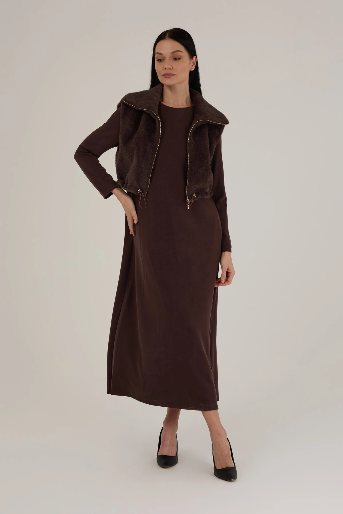 Kadın Angora Yelekli Modal Elbiseli Takım 7261