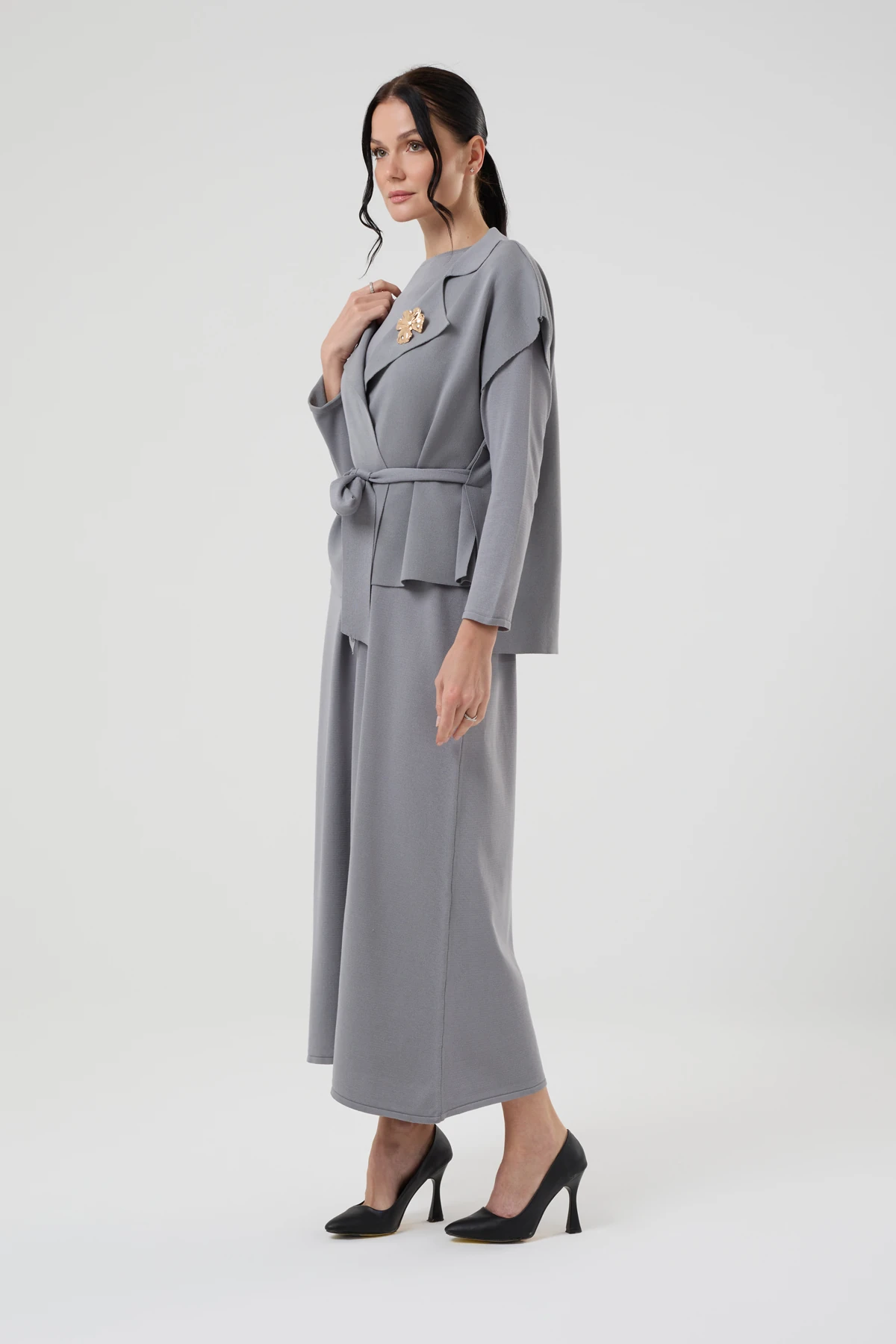 Kadın Altın Broş Detaylı İkili Ceketli Triko Elbise 1401