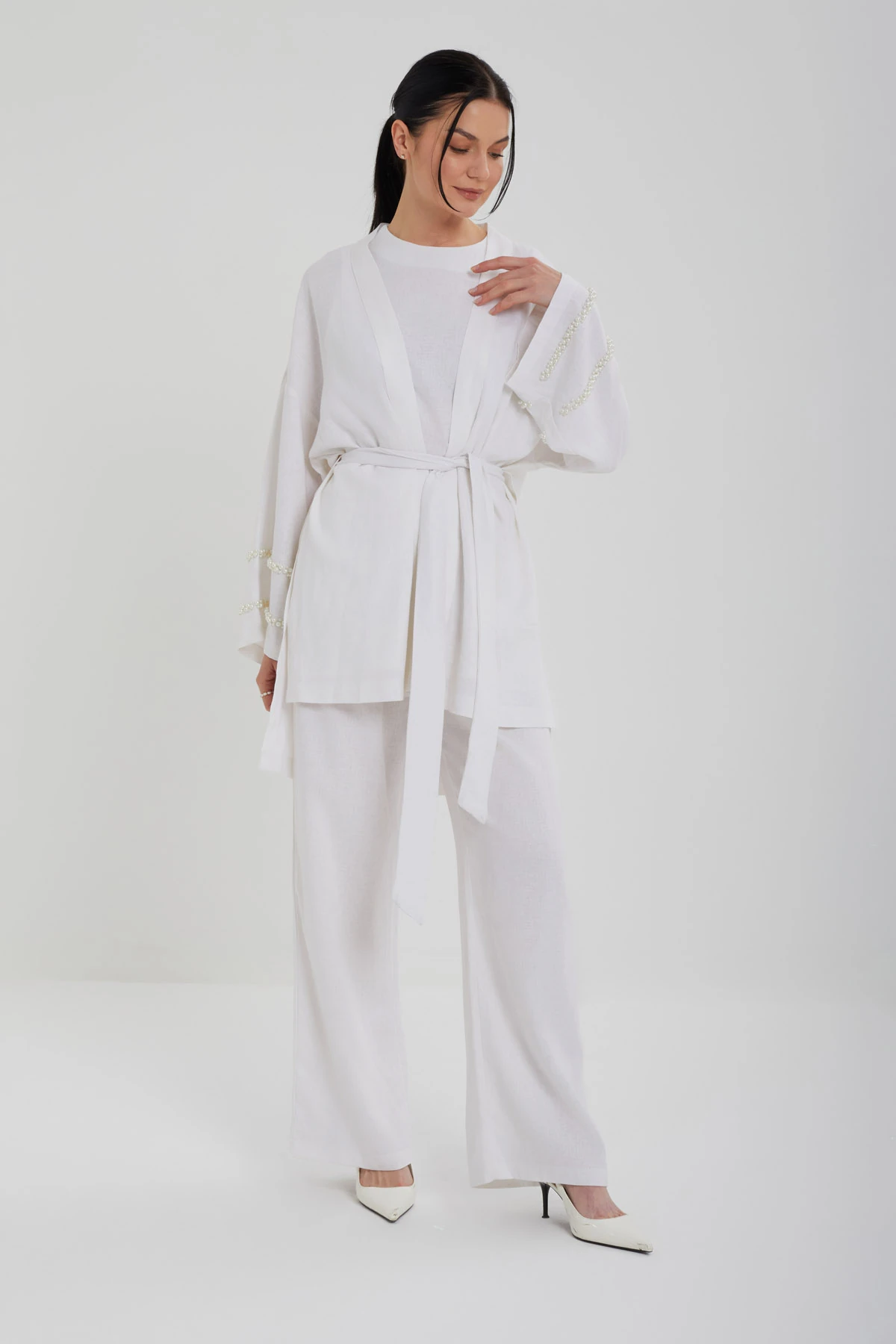 Taş İşlemeli Keten Üçlü Takım 8545