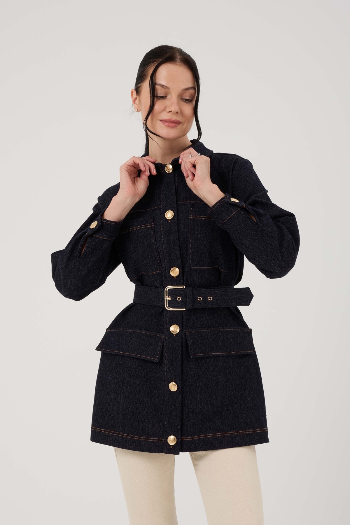 Kadın Gold Kemer Detaylı Denim Ceket 9263
