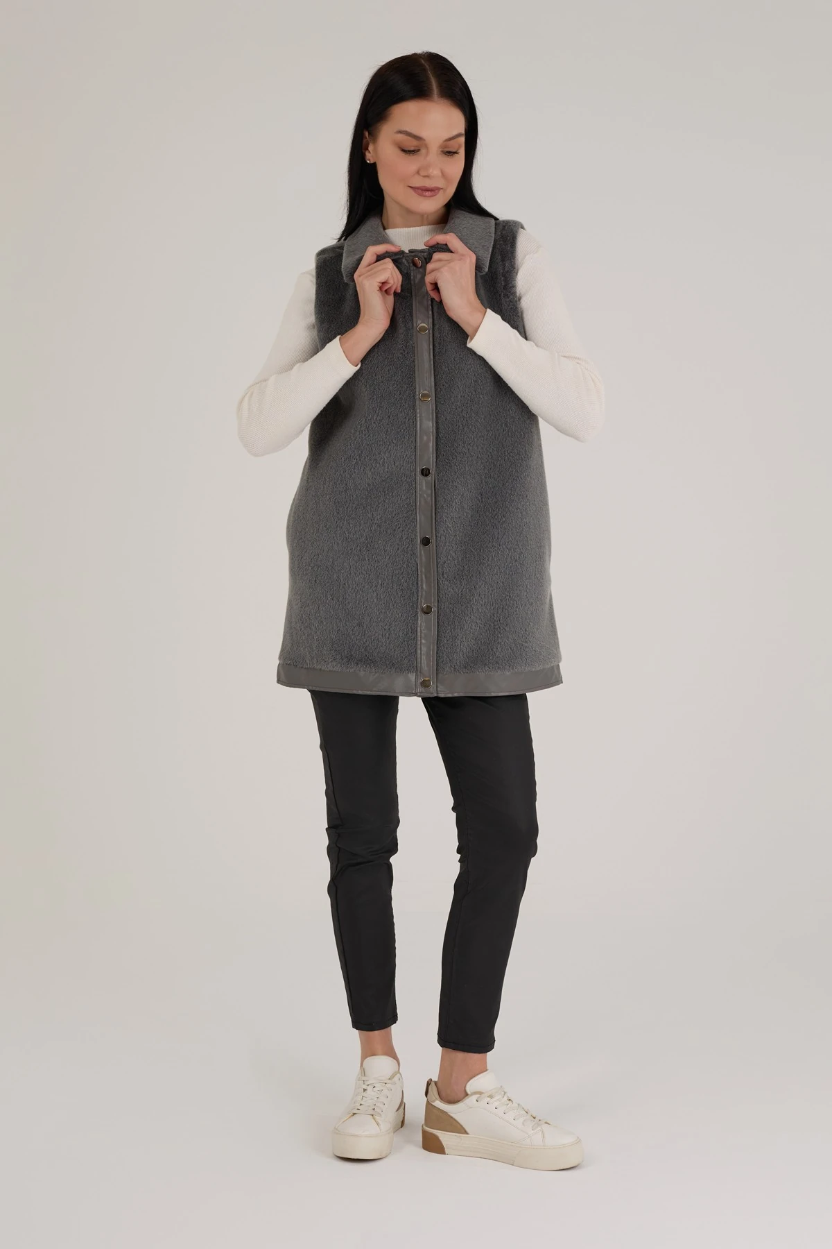 Kadın Deri Detaylı Astarlı Kürk Yelek 9280