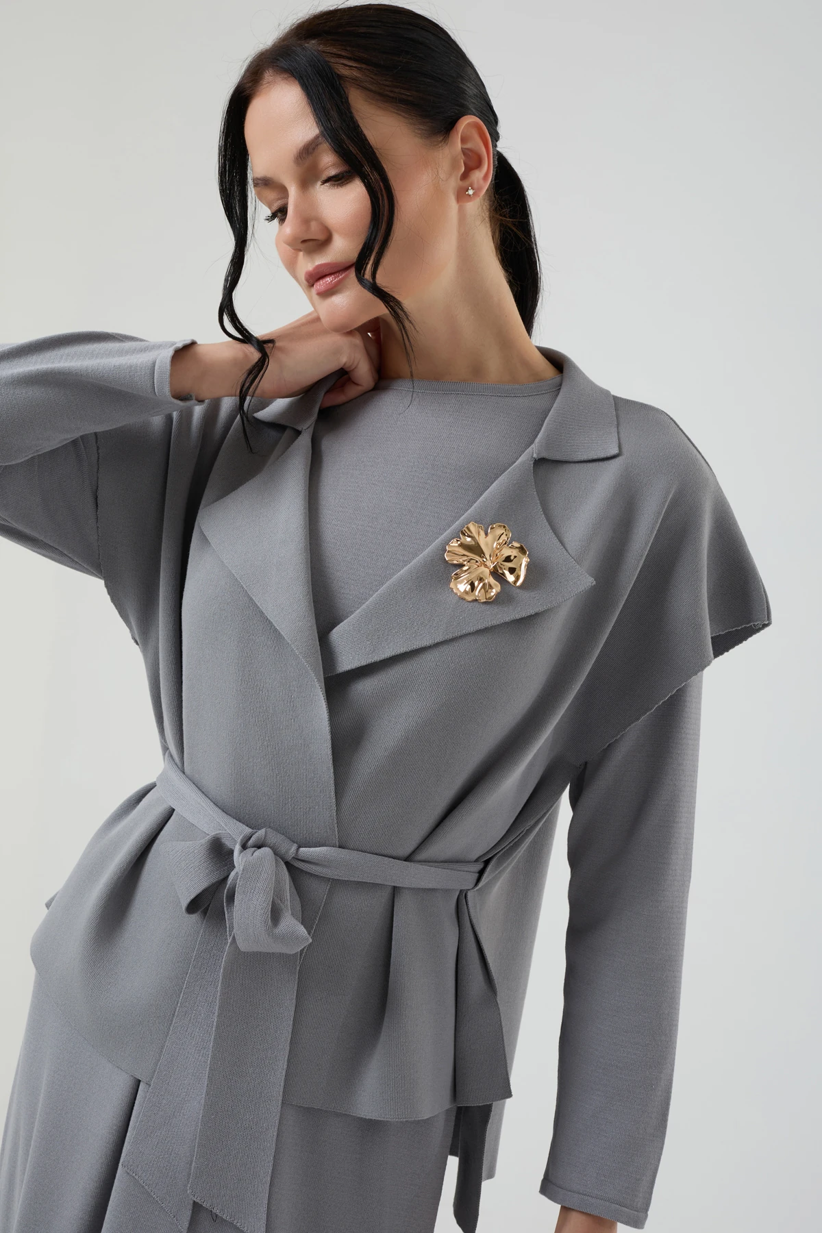 Kadın Altın Broş Detaylı İkili Ceketli Triko Elbise 1401