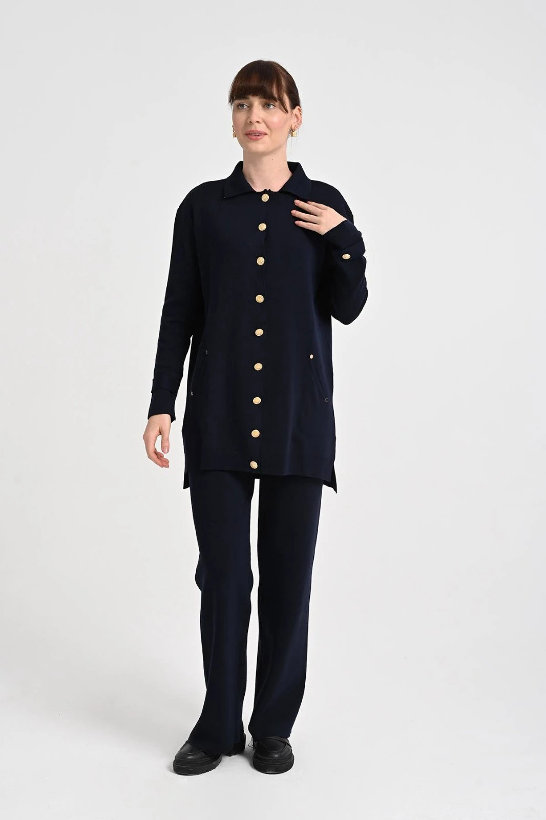 Kadın Altın Düğme Detaylı Triko Jupe Takım 1409