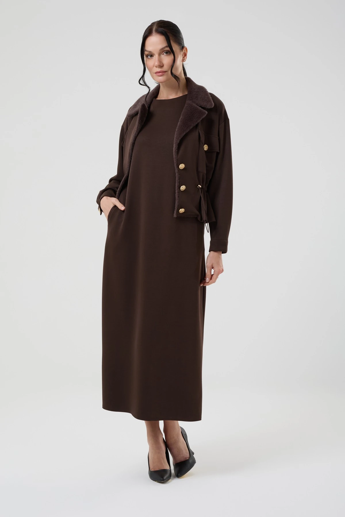 Kadın Kürk Detaylı Ceketli Modal İkili Elbise 7262