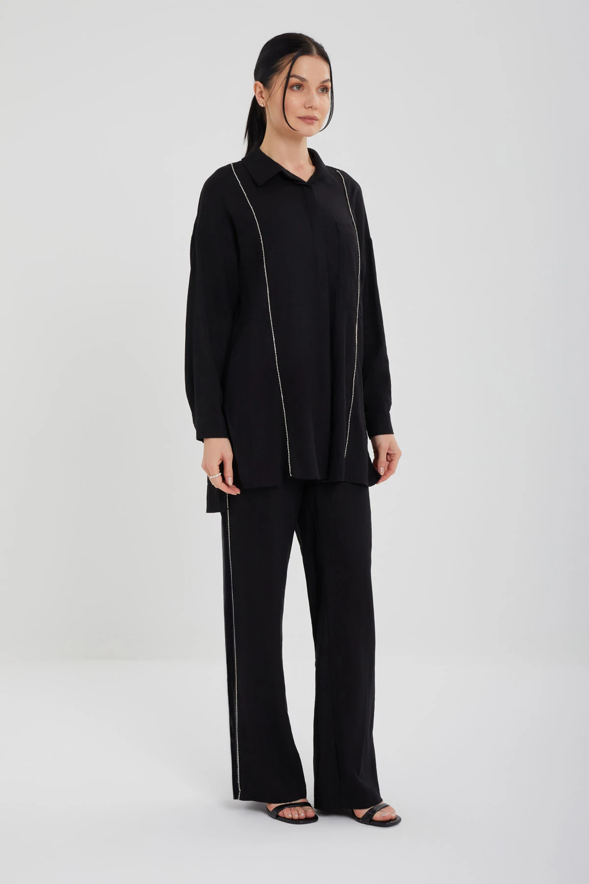 Kadın taş şeritli keten takım 8539