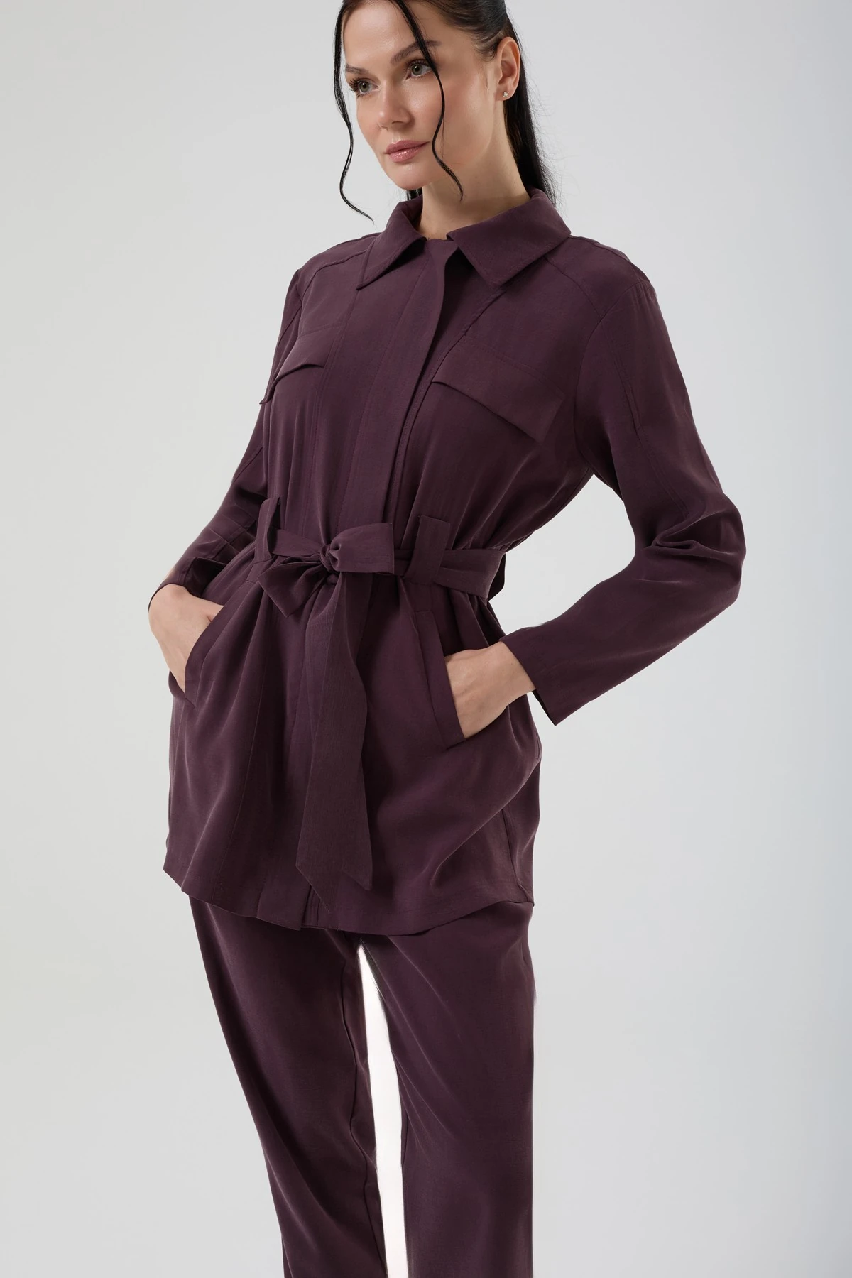 Kadın Cep Detaylı Kuşaklı Pamuk Kupra İkili Takım 8585