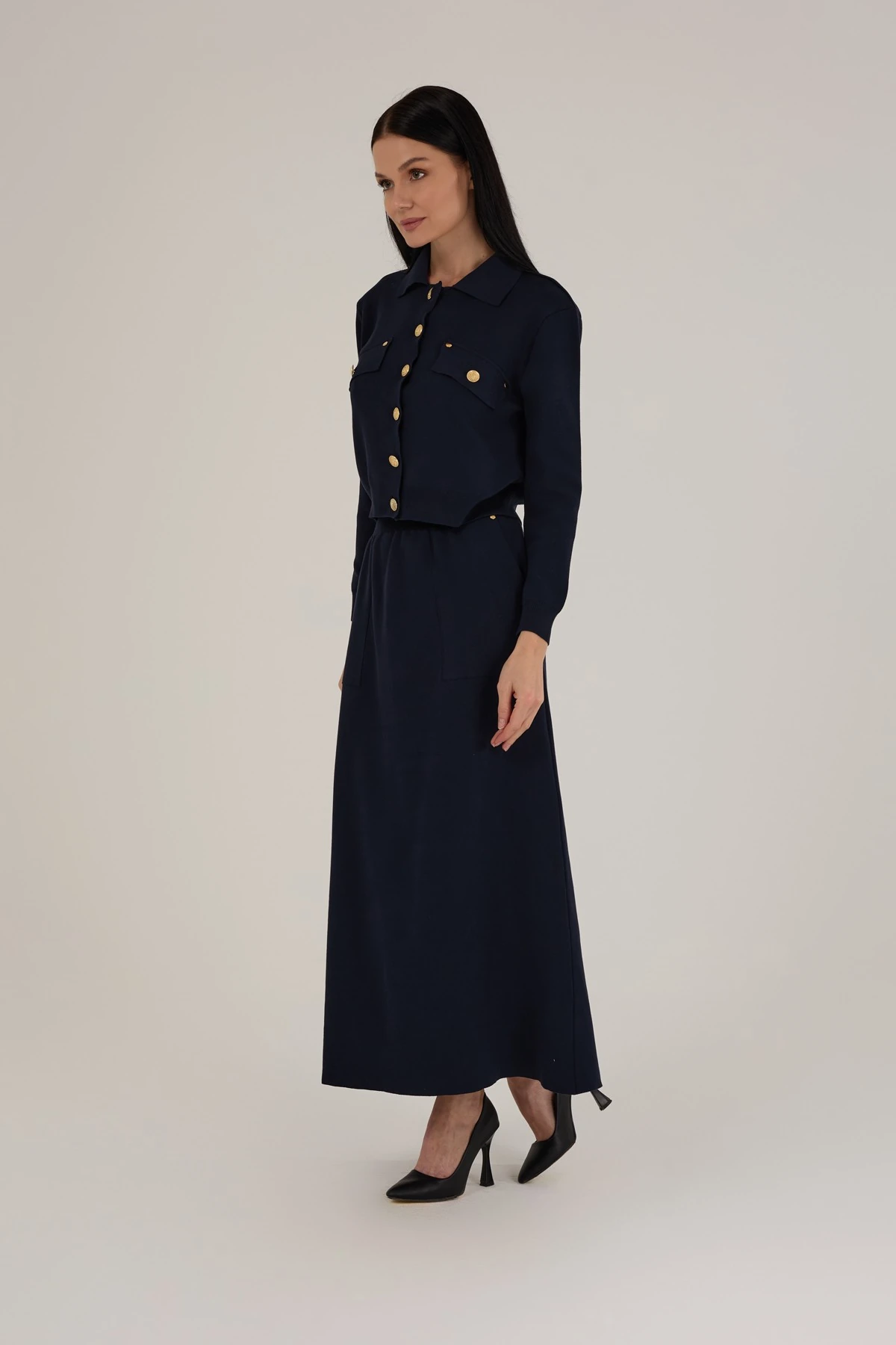 Kadın Gemici Düğme Detaylı Triko Etekli Takım 1404