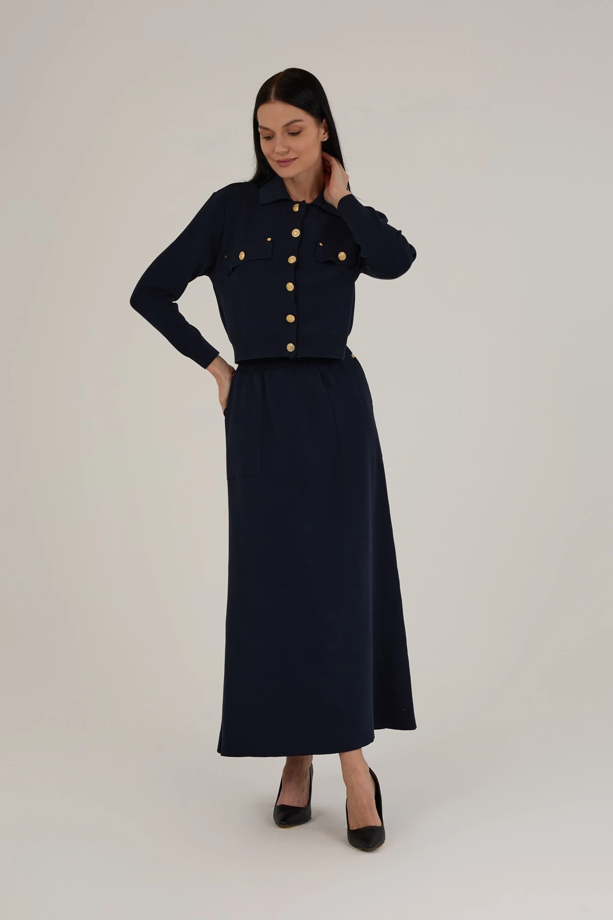 Kadın Gemici Düğme Detaylı Triko Etekli Takım 1404